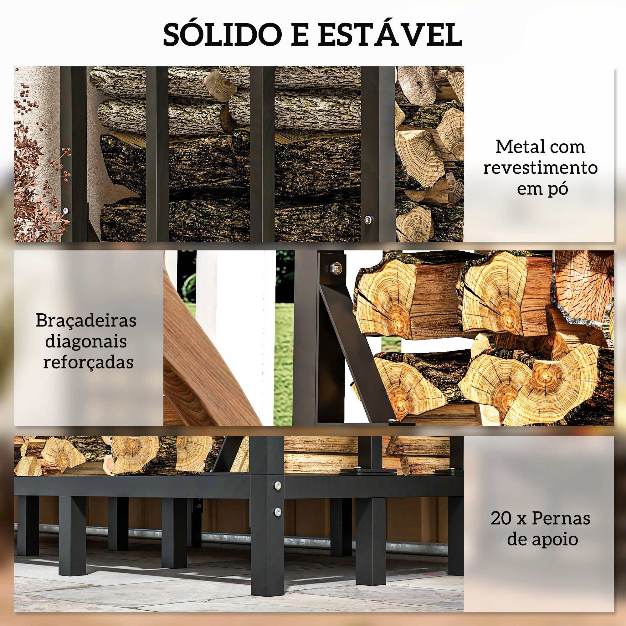 Suporte para Lenha Preto 143x70x145 cm - Armazenamento 1200 kg