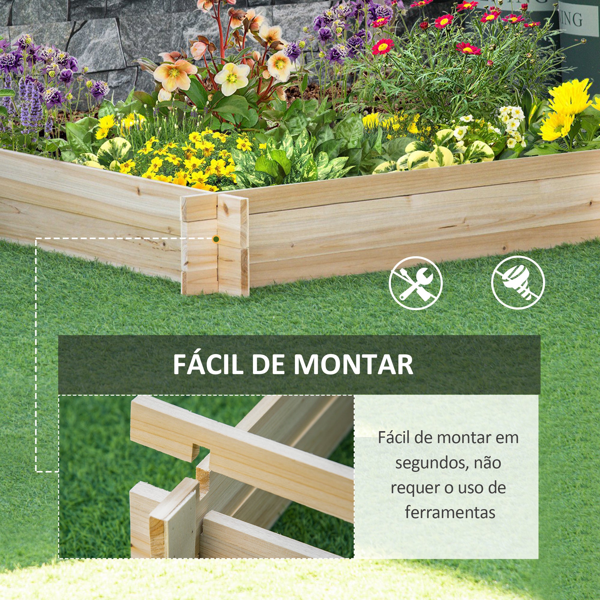 Caixa de Plantio de Madeira Quadrada – 100x100x16 cm – Cor de Madeira Natural
