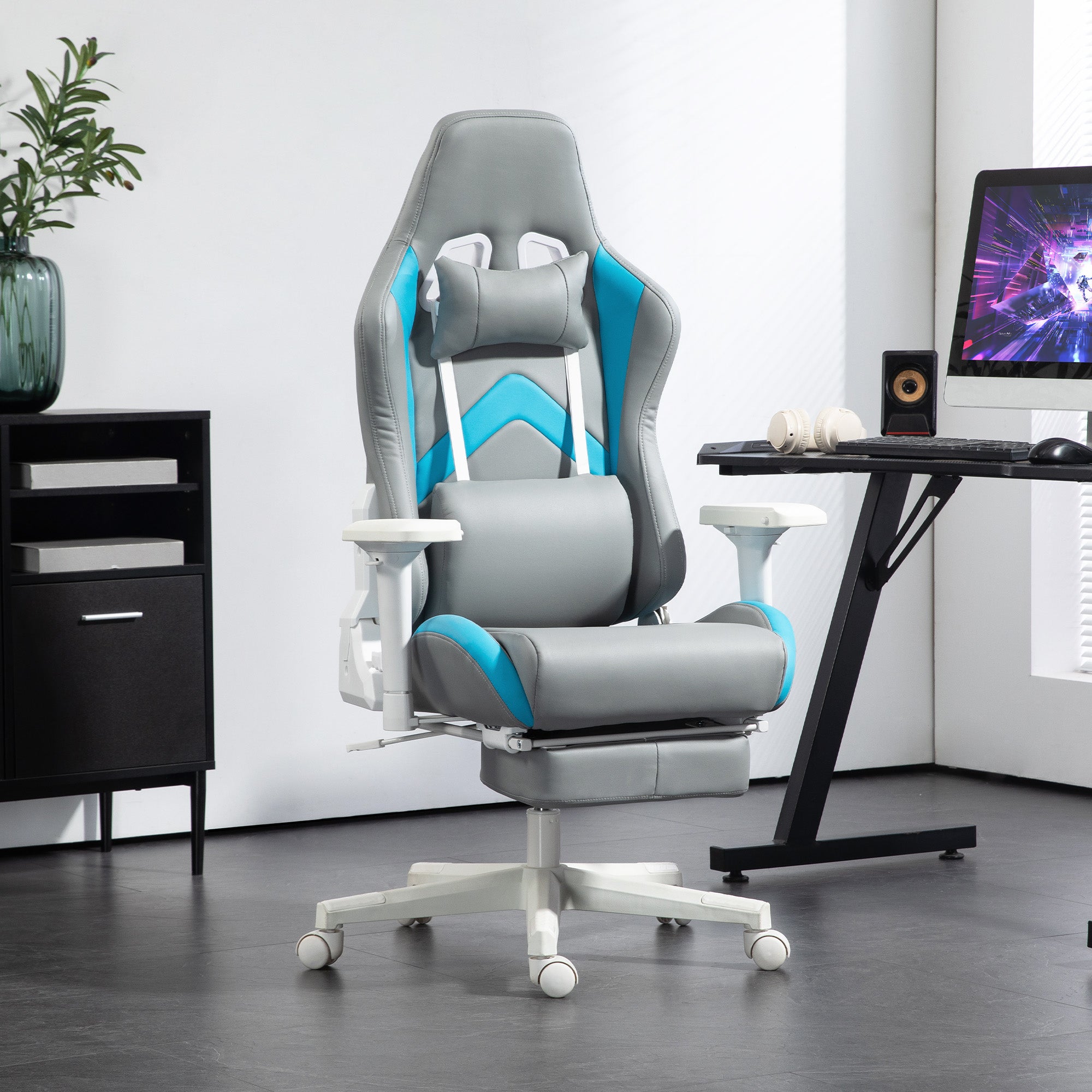 Cadeira Reclinável Gamer – 74x73x120-129 cm – Cinza Claro e Azul – Couro Sintético