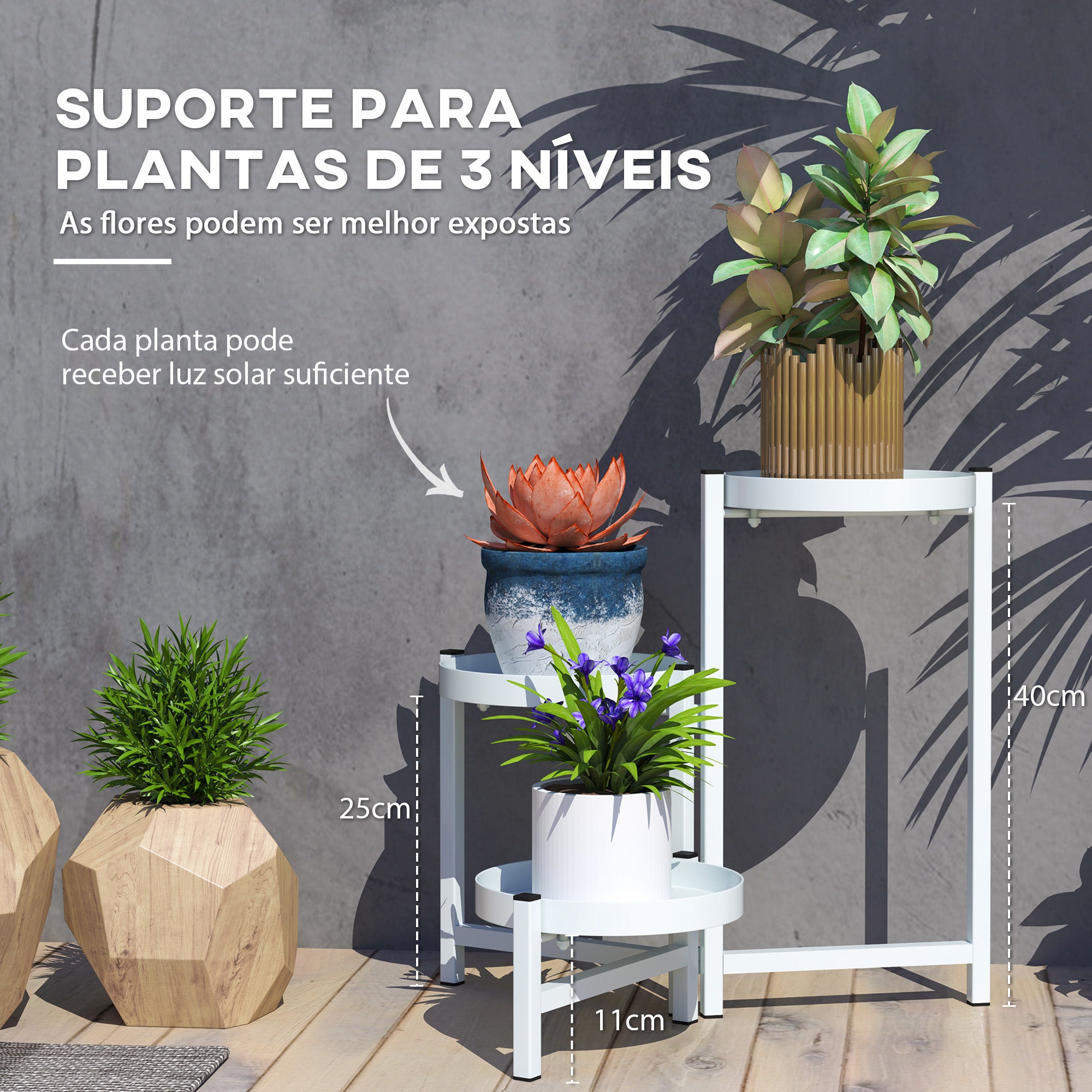 Suporte para Plantas Dobrável de 3 Níveis 40x40x42 cm - Branco