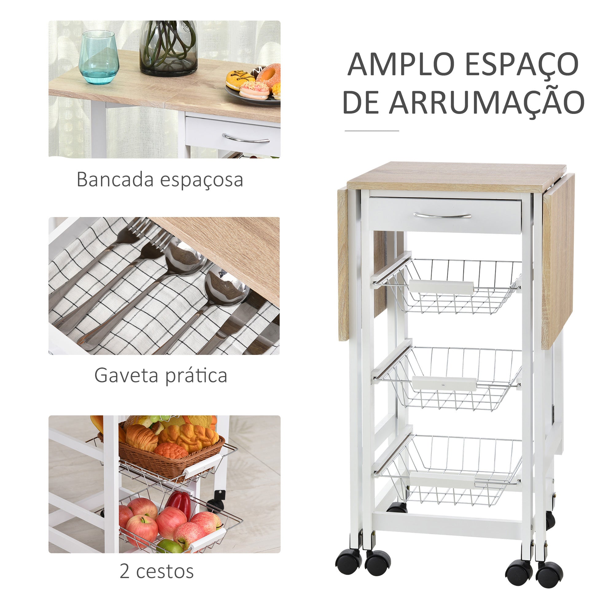 Carrinho de Cozinha Dobrável com Rodas – 97,2x37x77,5 cm – Branco e Metal