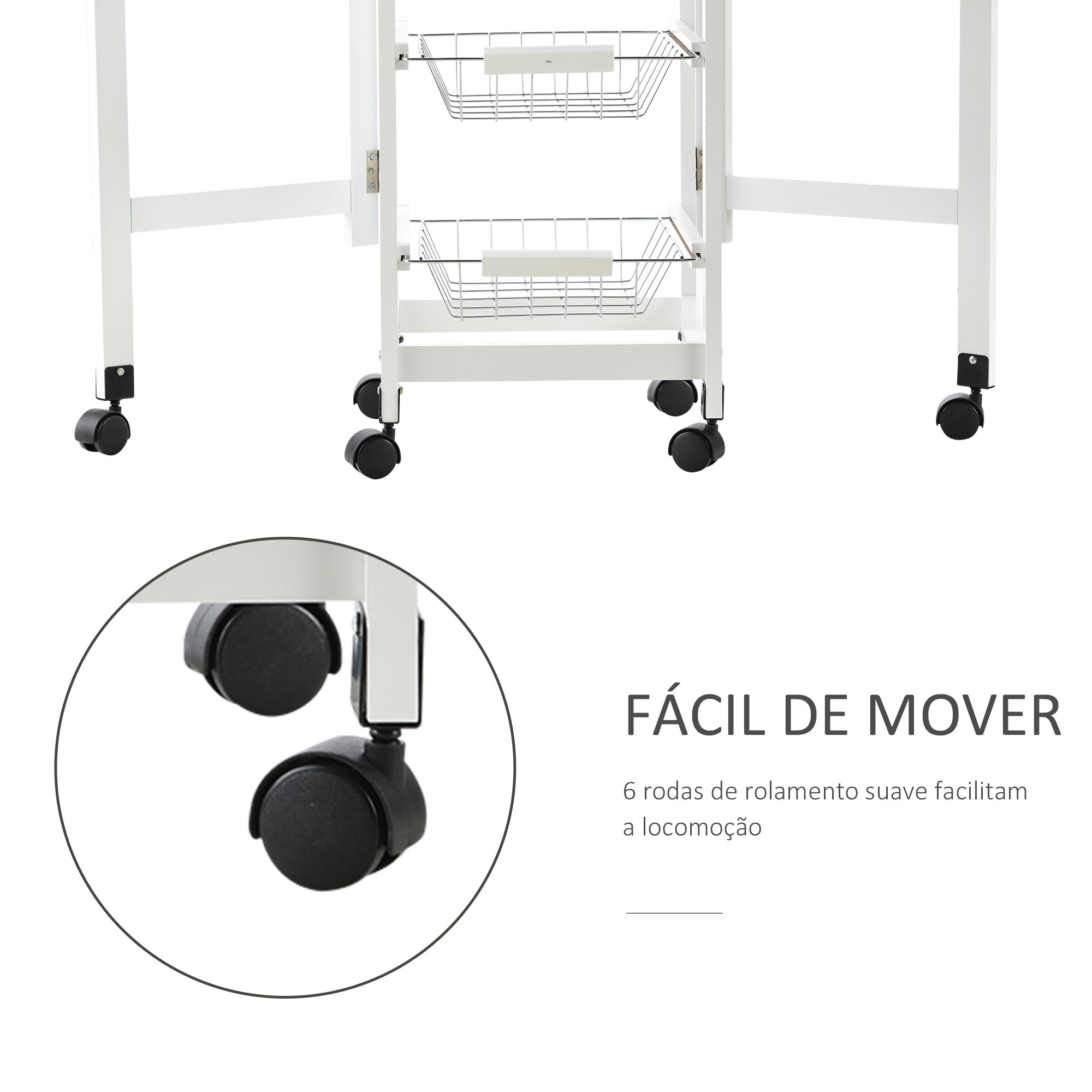 Carrinho de Cozinha Dobrável com Rodas – 97,2x37x77,5 cm – Branco e Metal