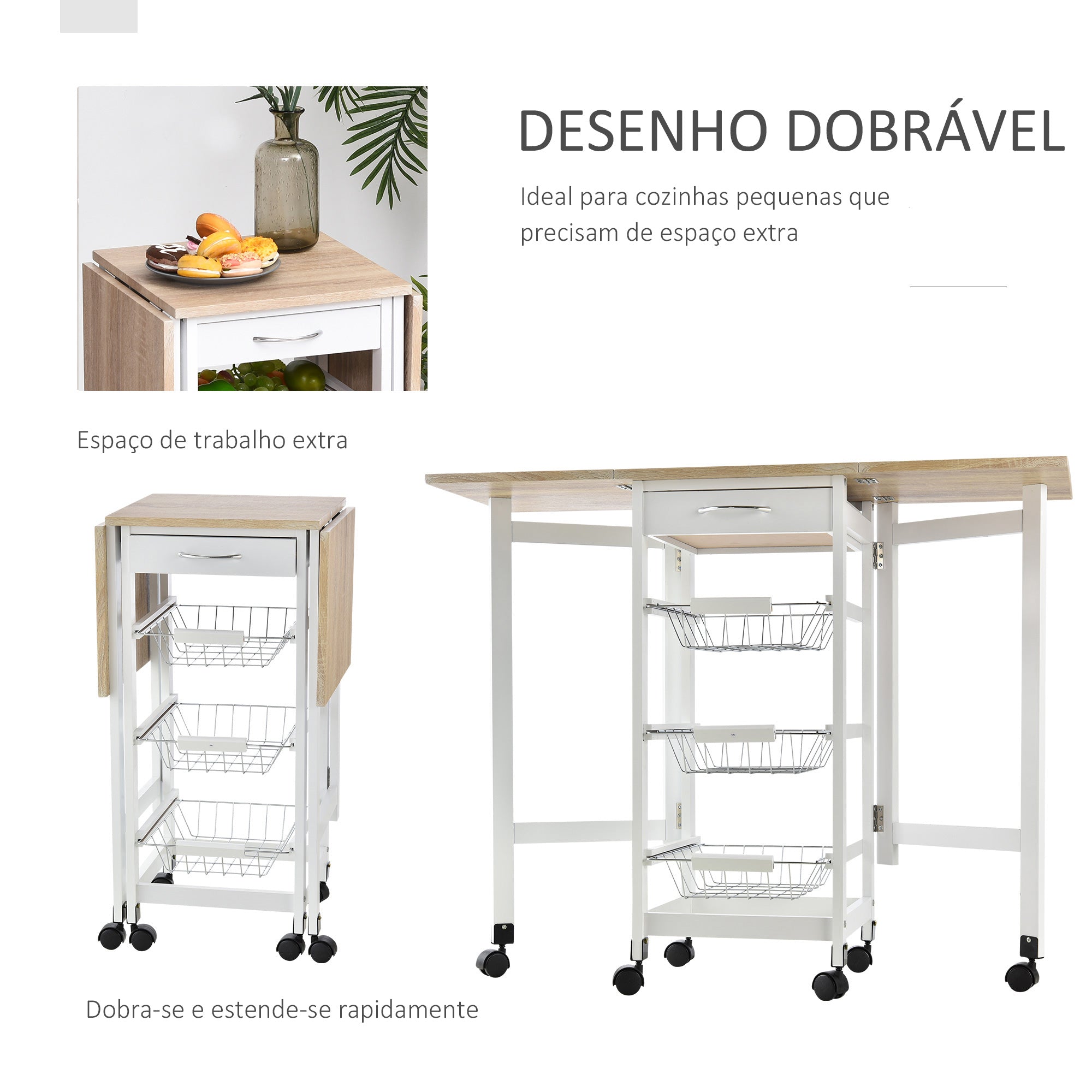 Carrinho de Cozinha Dobrável com Rodas – 97,2x37x77,5 cm – Branco e Metal