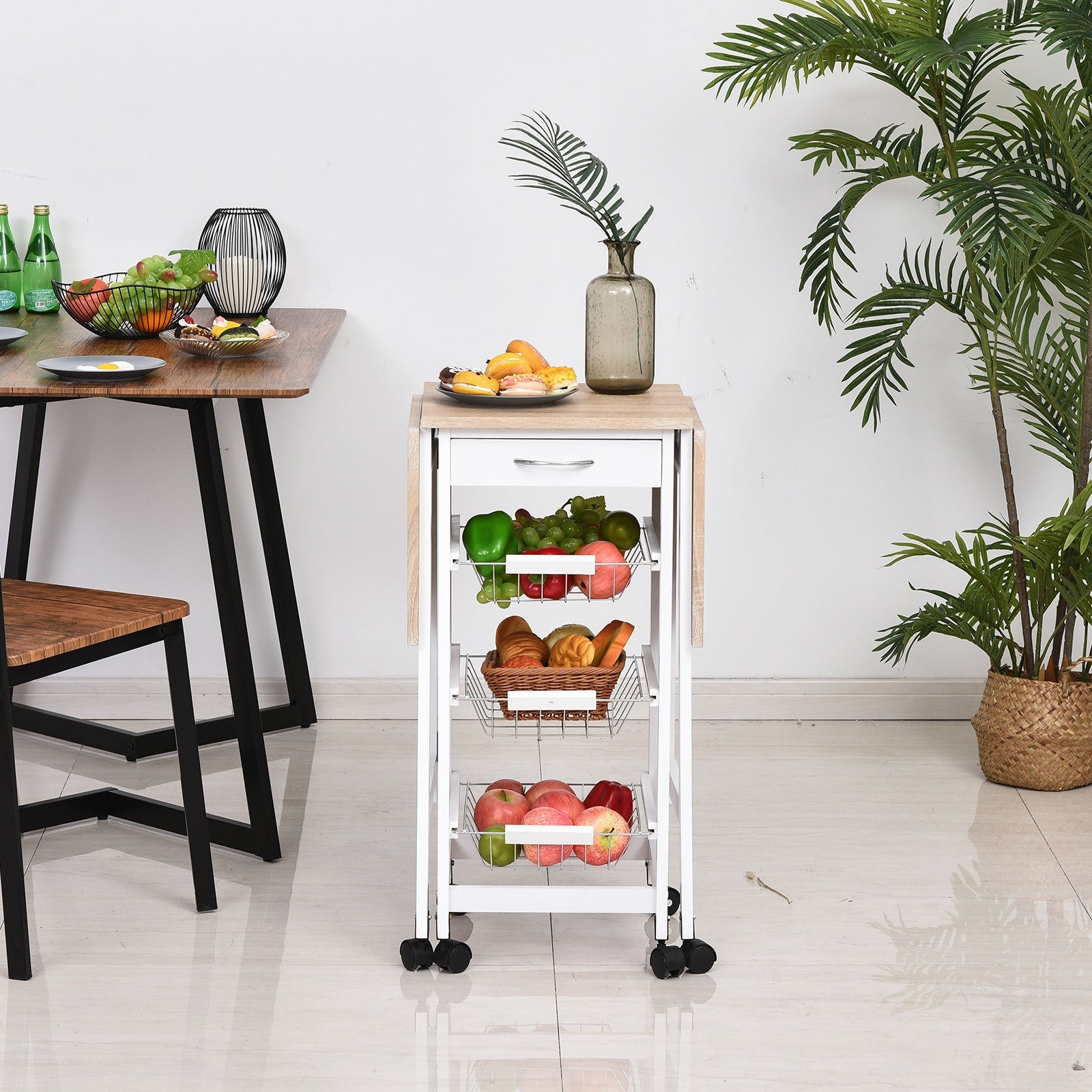 Carrinho de Cozinha Dobrável com Rodas – 97,2x37x77,5 cm – Branco e Metal