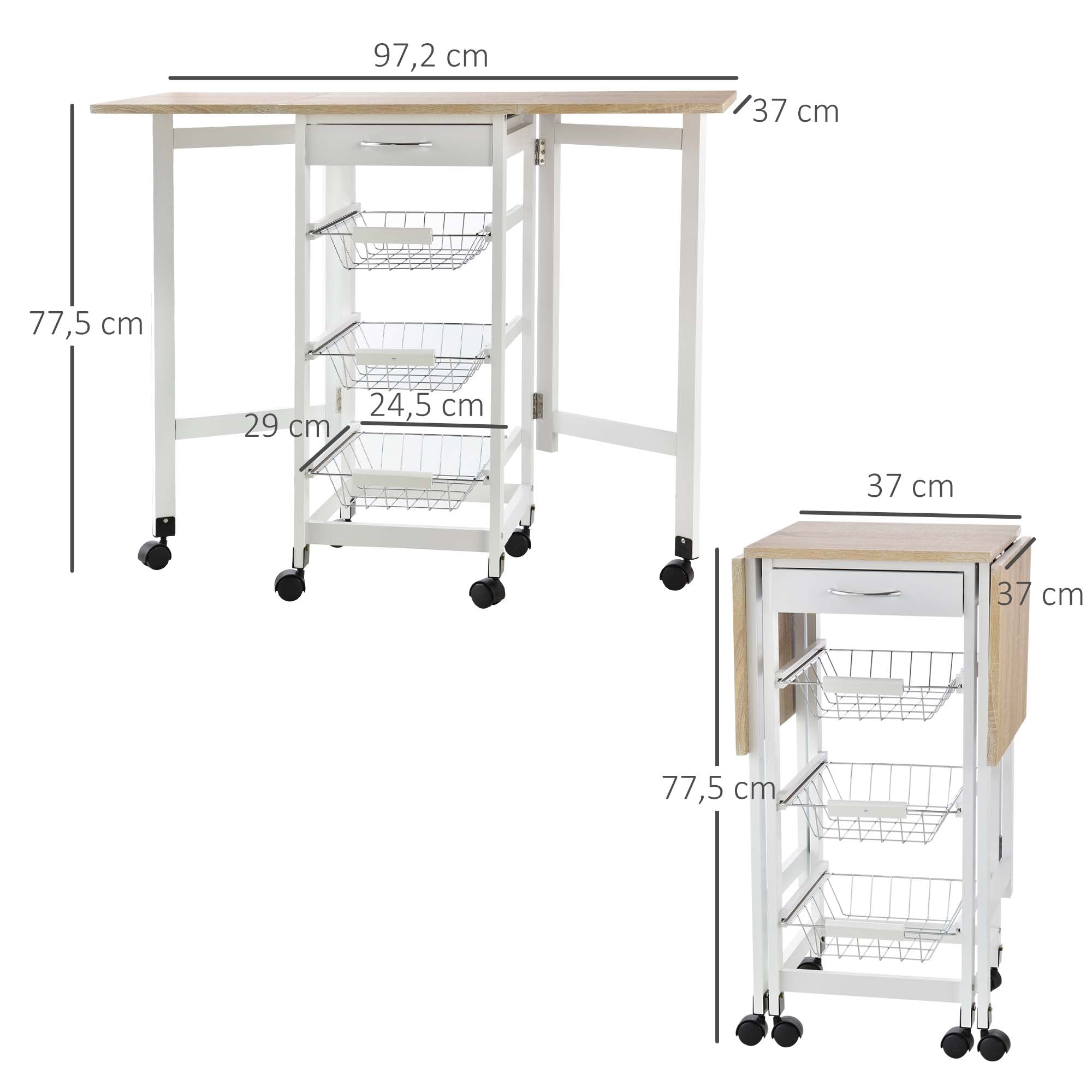 Carrinho de Cozinha Dobrável com Rodas – 97,2x37x77,5 cm – Branco e Metal