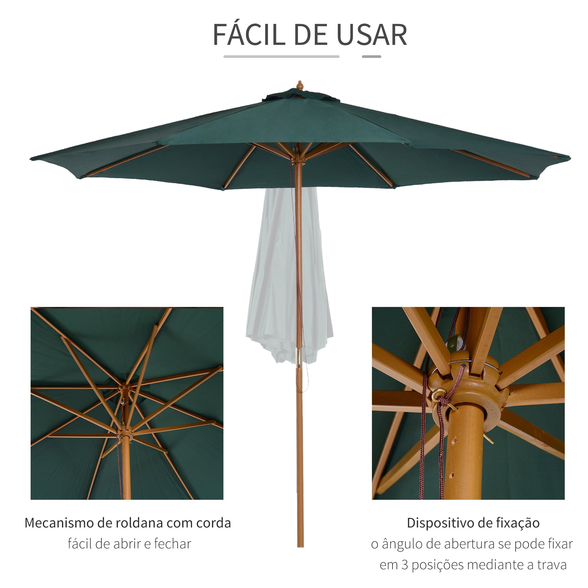 Chapéu de Sol Verde Ø300x250cm com Mastro de Madeira e 8 Hastes