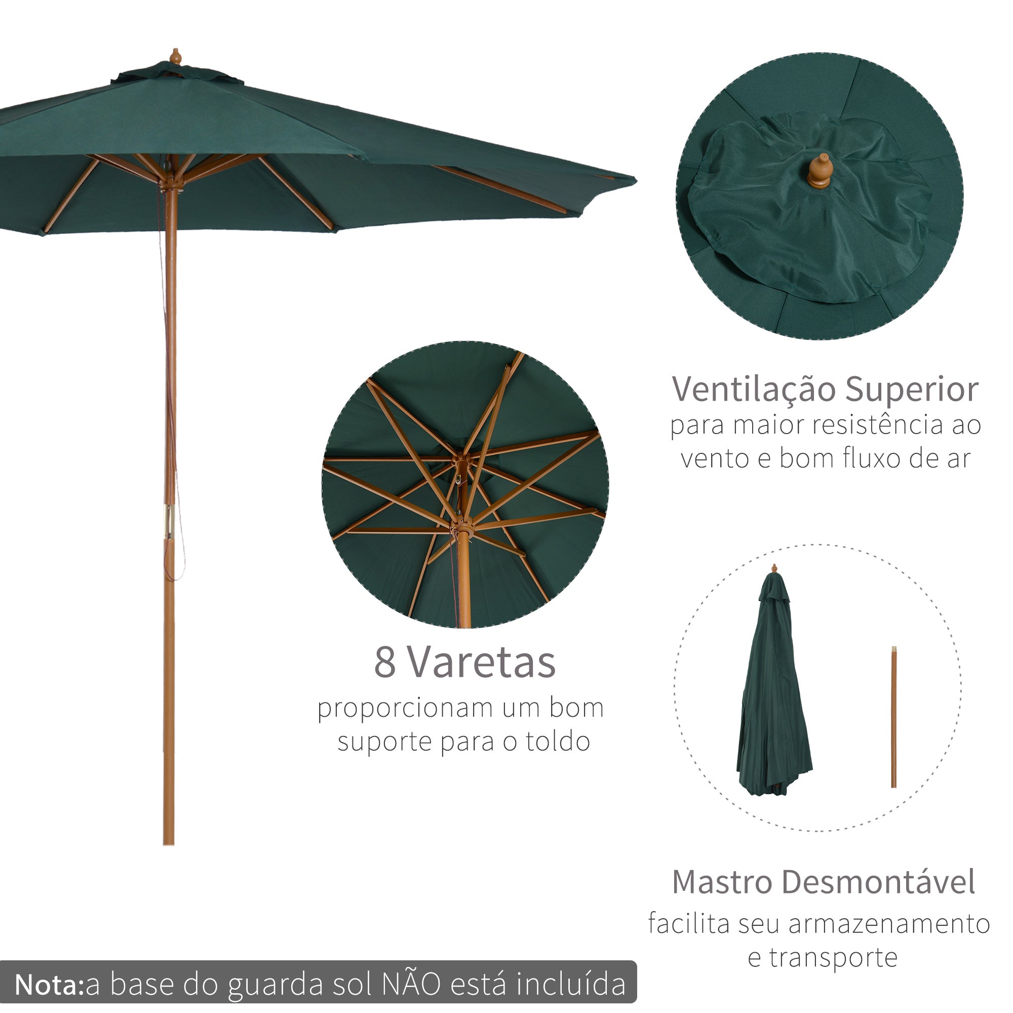Chapéu de Sol Verde Ø300x250cm com Mastro de Madeira e 8 Hastes