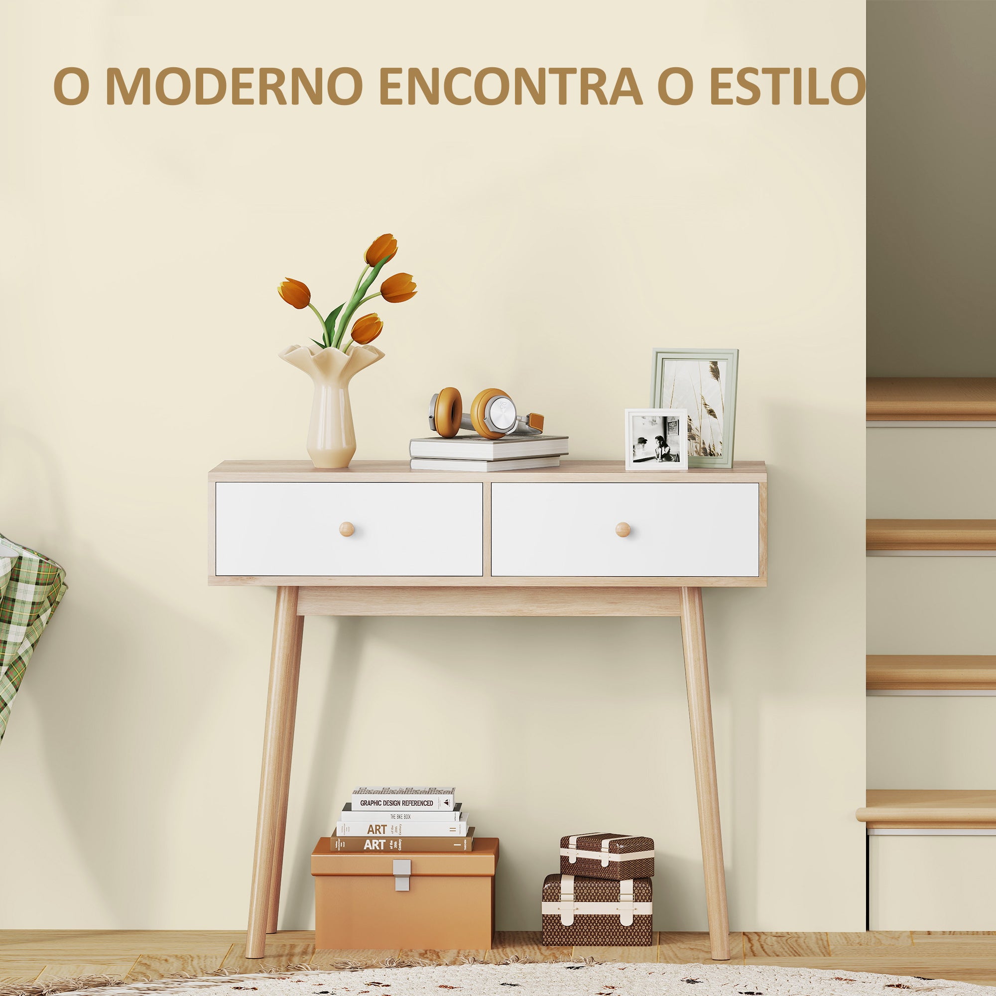 Mesa Consola Estreita com 2 Gavetas 86x35x75 cm - Carvalho e Branco