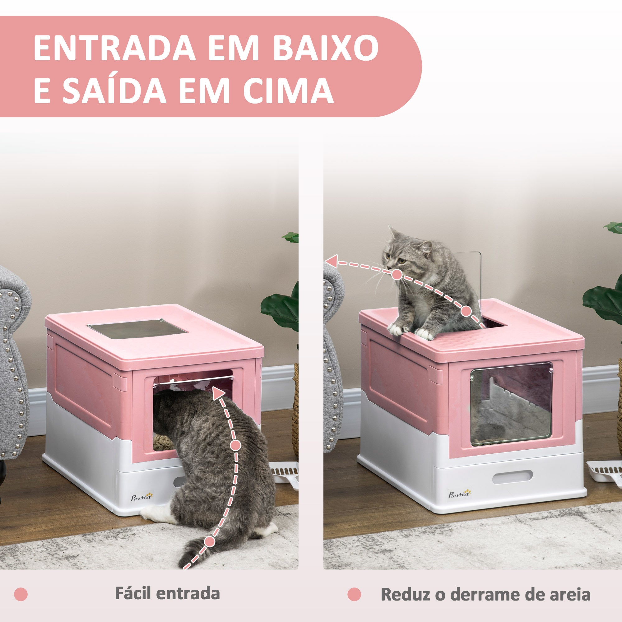 Caixa de Areia para Gatos Dobrável com Cobertura Rosa 47,5x35,5x36,7cm