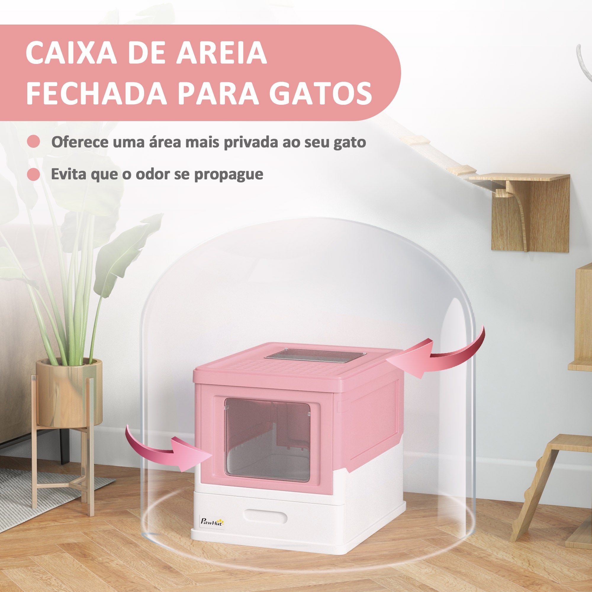 Caixa de Areia para Gatos Dobrável com Cobertura Rosa 47,5x35,5x36,7cm