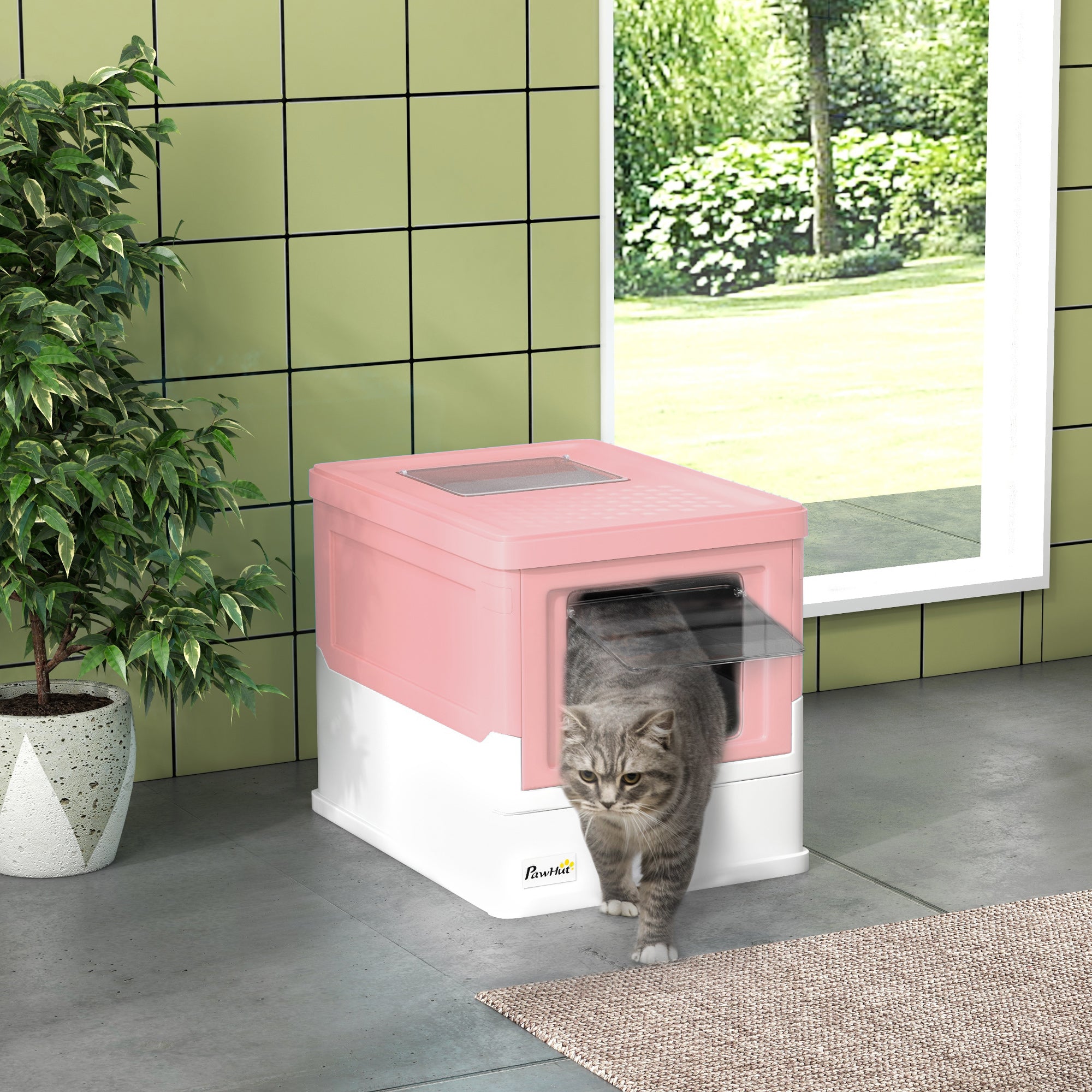 Caixa de Areia para Gatos Dobrável com Cobertura Rosa 47,5x35,5x36,7cm