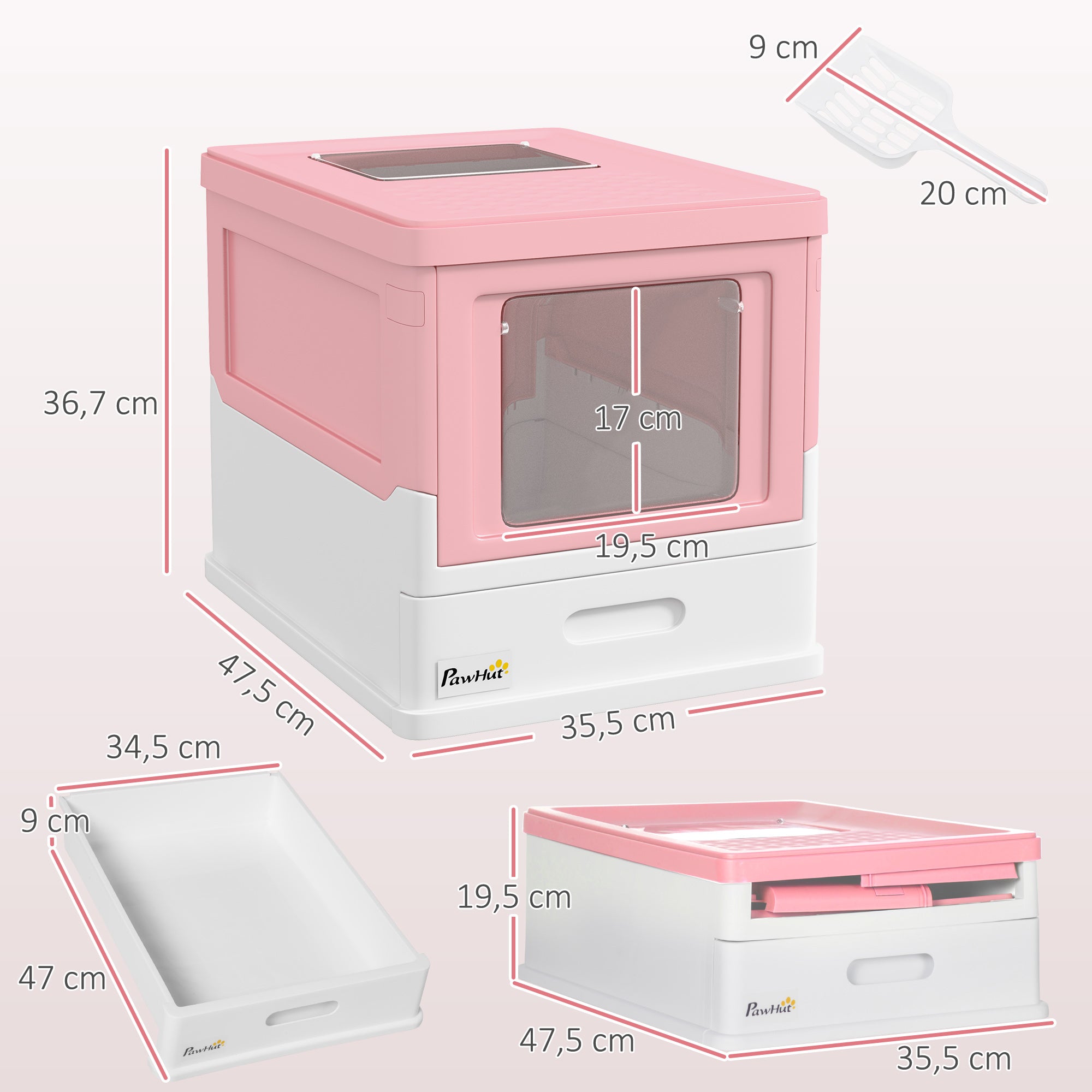 Caixa de Areia para Gatos Dobrável com Cobertura Rosa 47,5x35,5x36,7cm