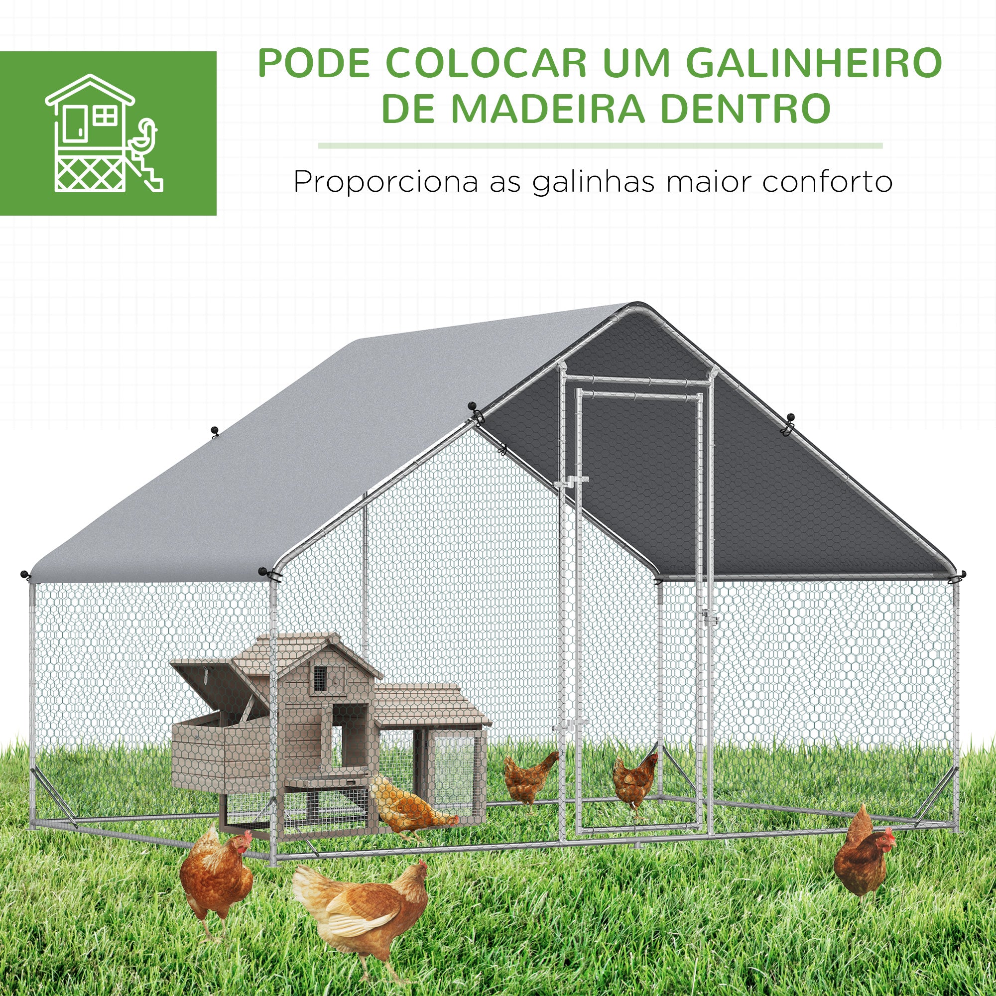 Galinheiro Exterior Grande – 300x200x200cm – Prata – Aço galvanizado