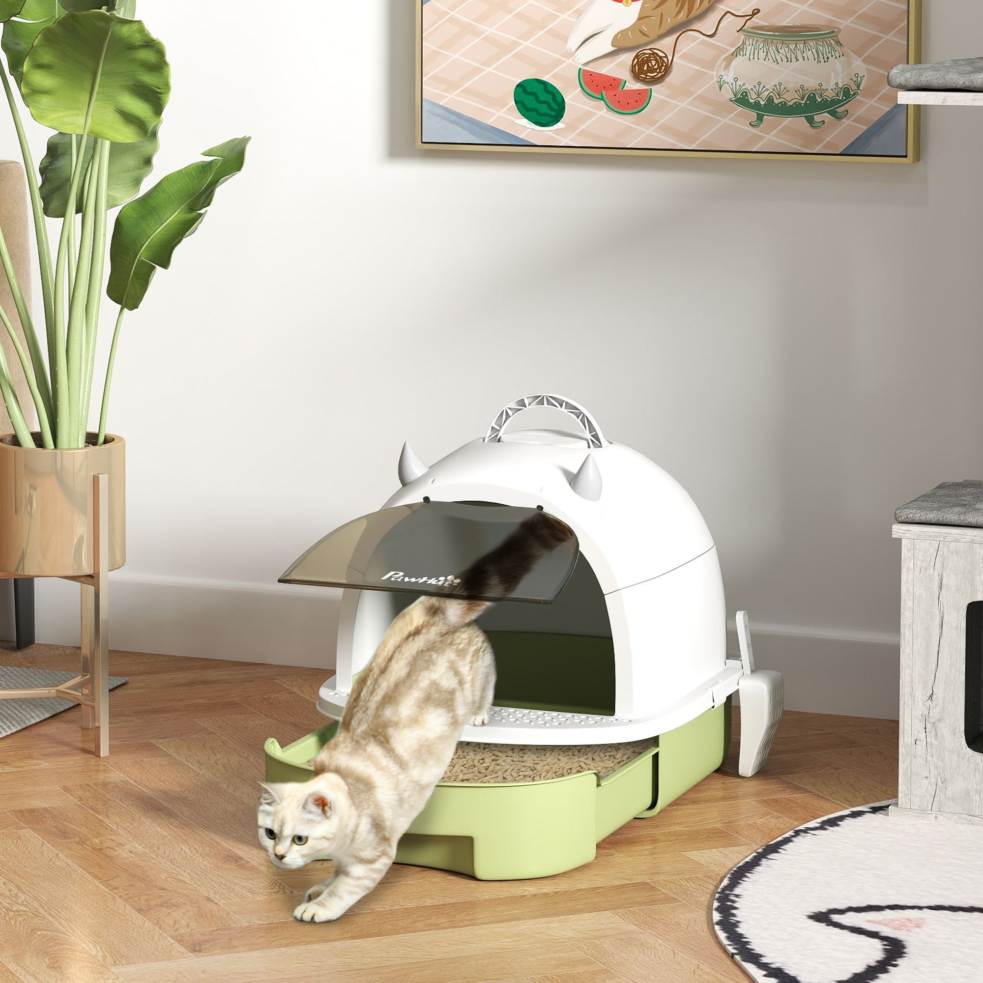 Caixa de Areia para Gatos Fechada com Tampa e Bandeja Amovíveis – 40,5x52x39 cm – Verde – Polipropileno