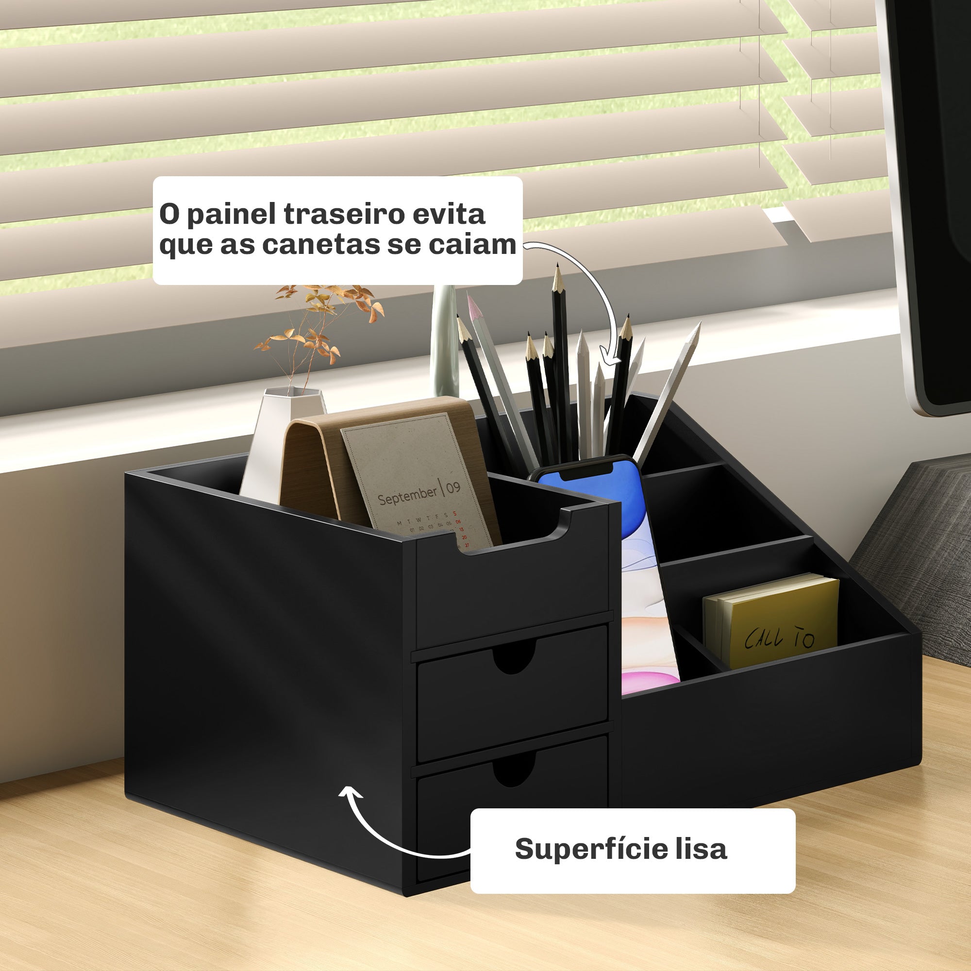 Organizador de Mesa de Escritório Bambu 33x20,5x15,5 cm - Preto