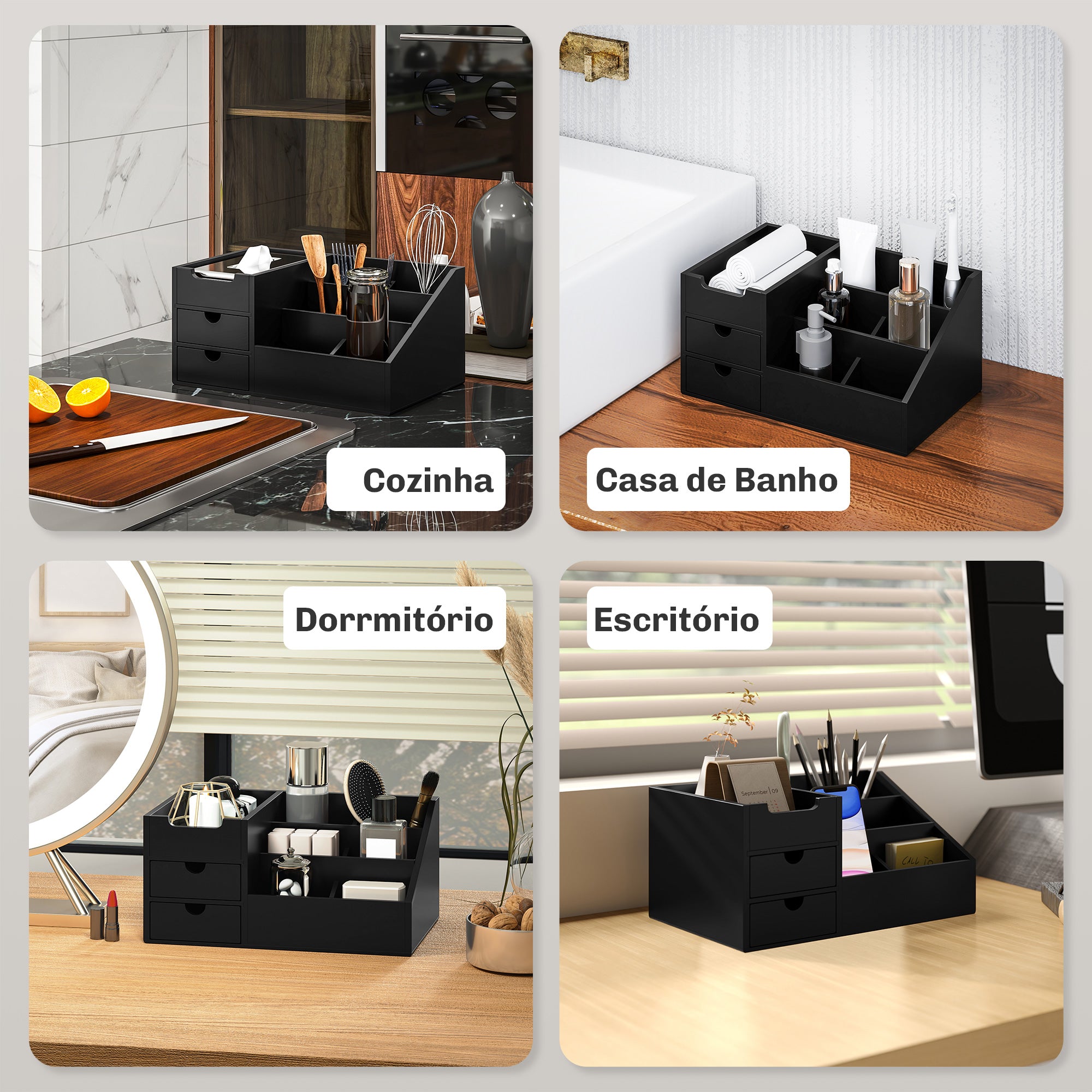 Organizador de Mesa de Escritório Bambu 33x20,5x15,5 cm - Preto