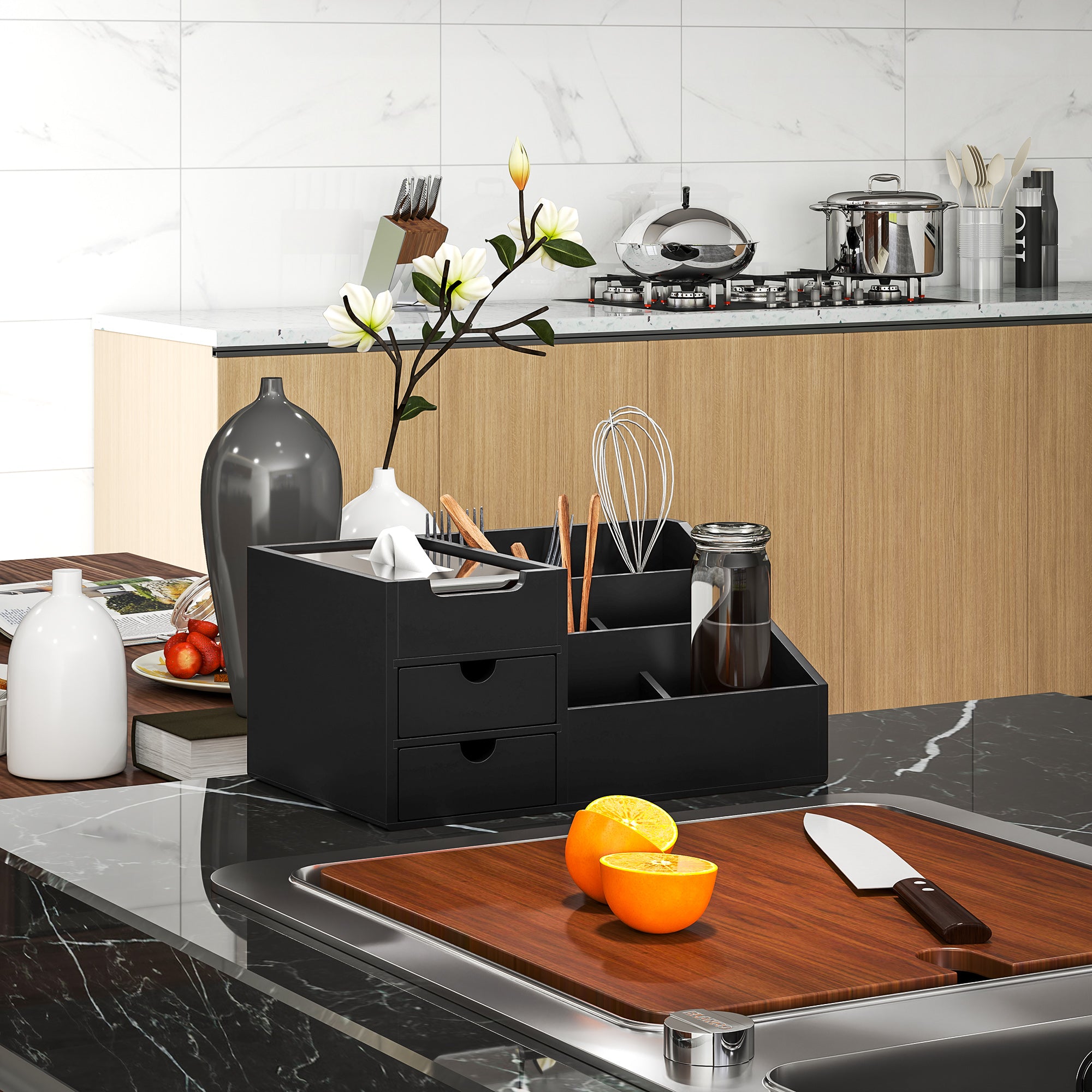 Organizador de Mesa de Escritório Bambu 33x20,5x15,5 cm - Preto