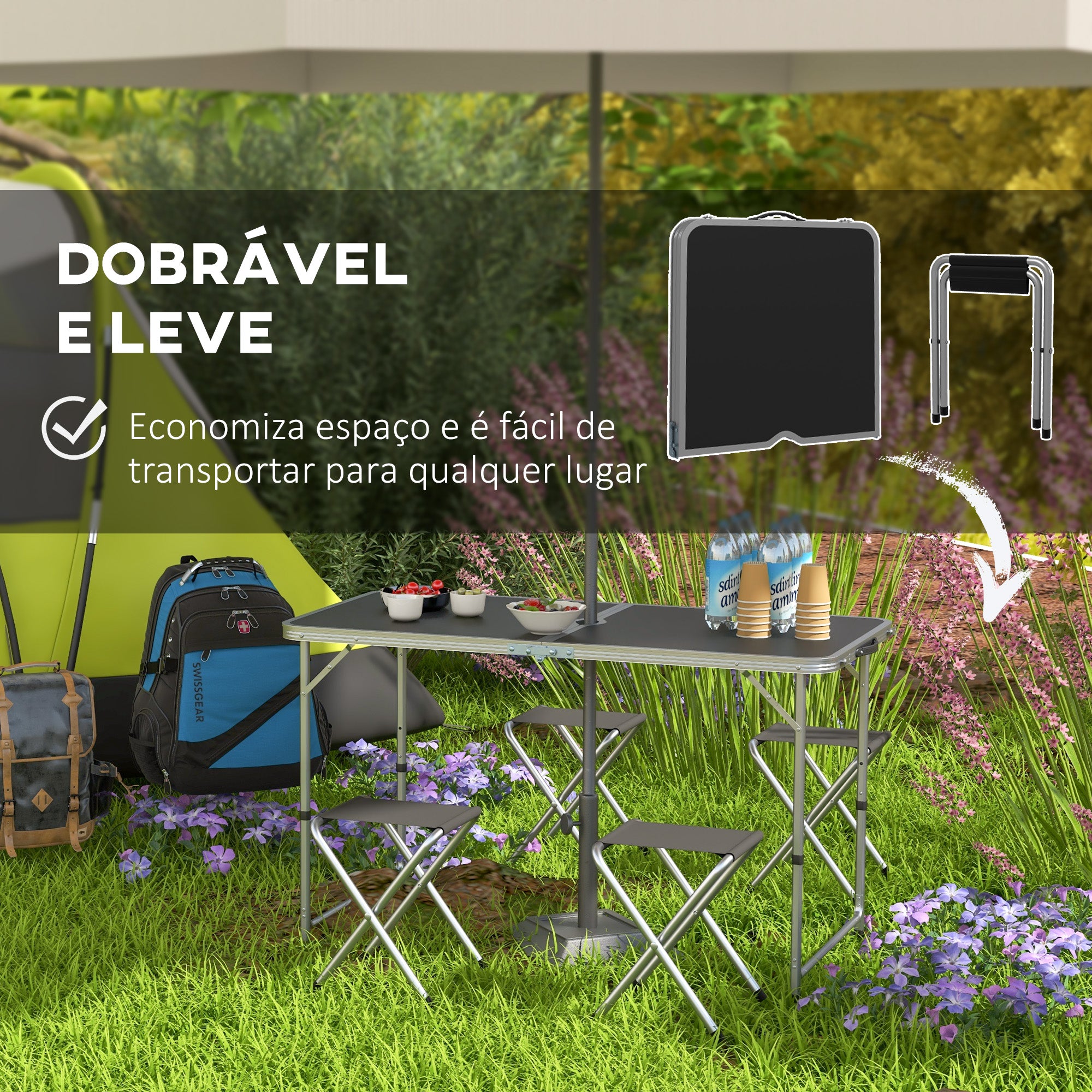 Conjunto de Campismo Mesa Dobrável 120x60x55-70 cm - Cor Preto