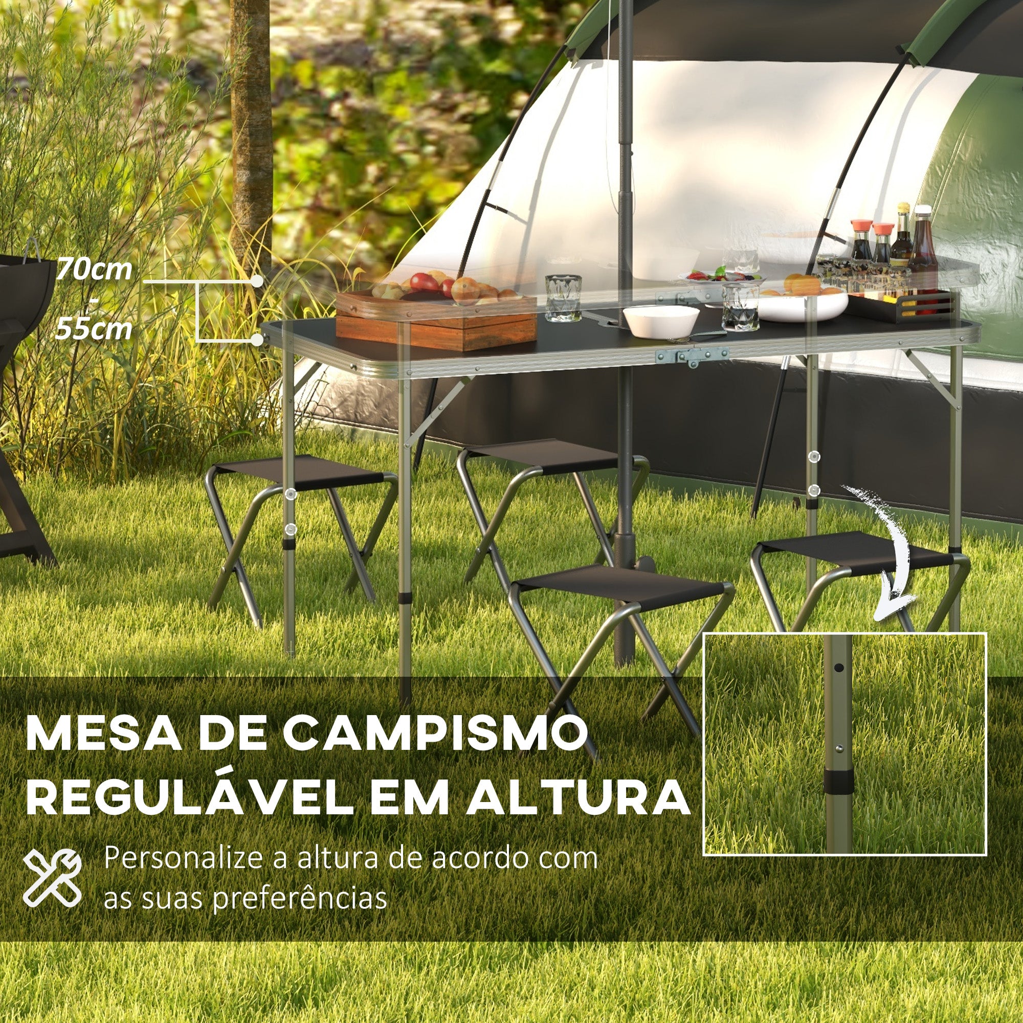 Conjunto de Campismo Mesa Dobrável 120x60x55-70 cm - Cor Preto