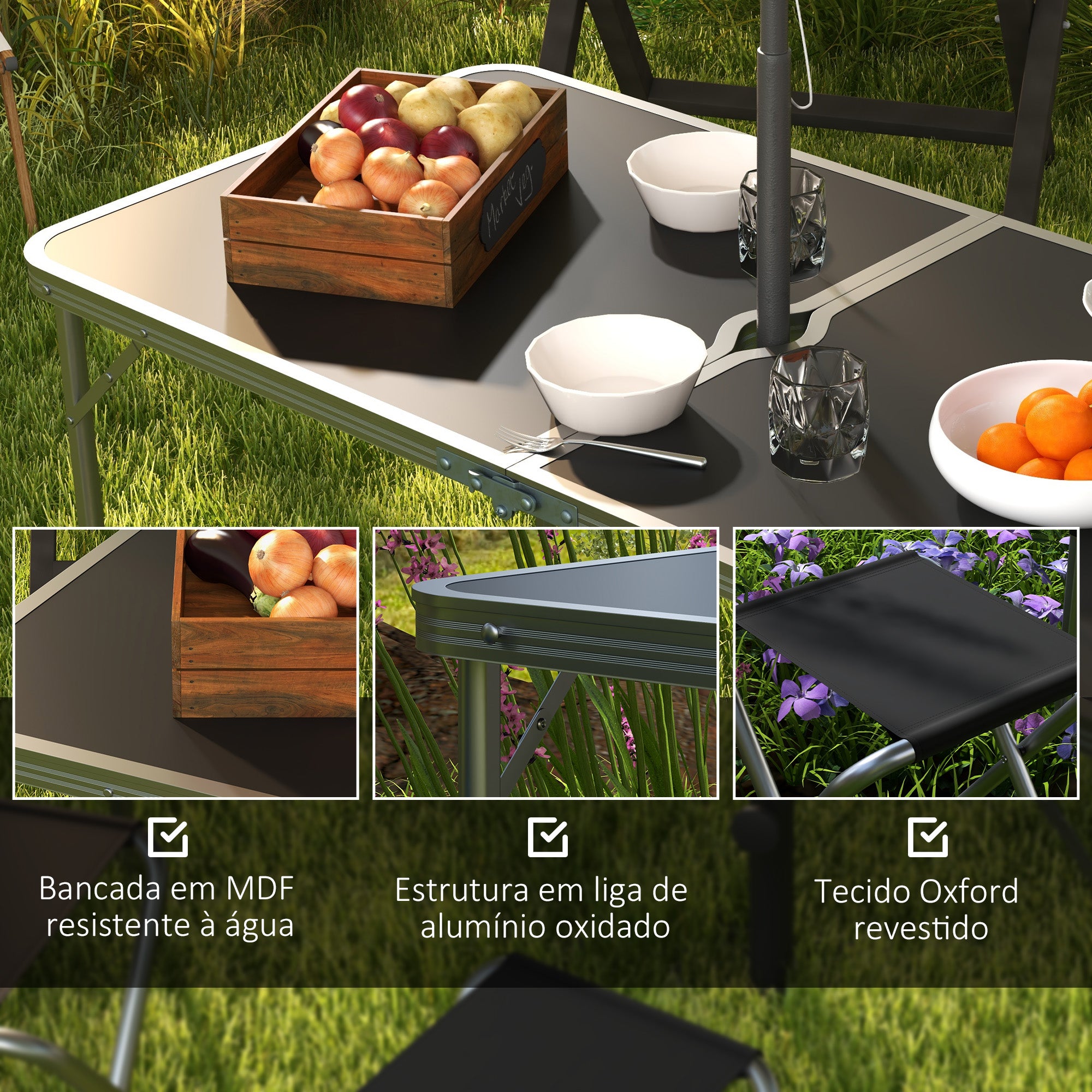 Conjunto de Campismo Mesa Dobrável 120x60x55-70 cm - Cor Preto