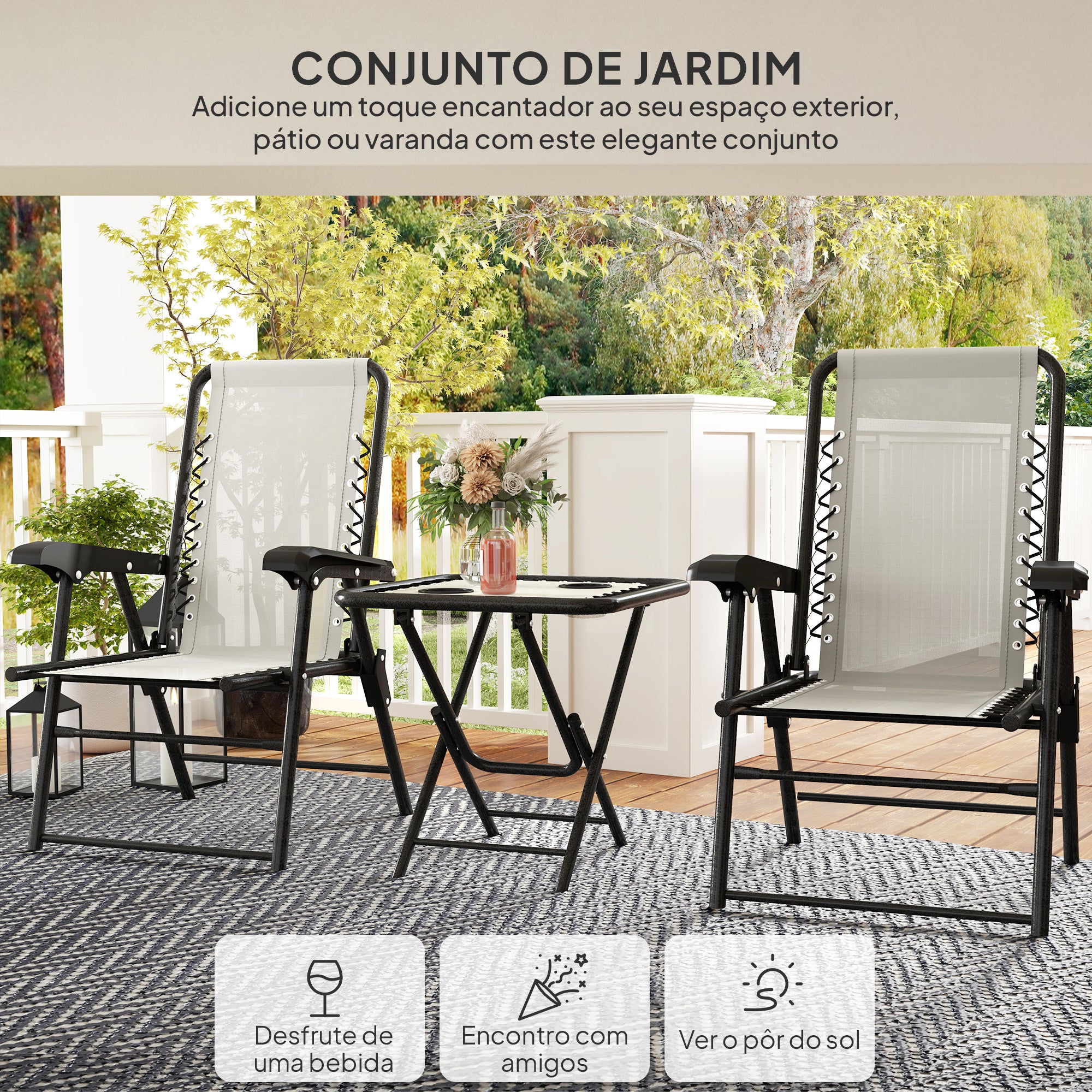 Conjunto de Mesa e Cadeiras de Jardim Creme Branco 61x65x91 cm