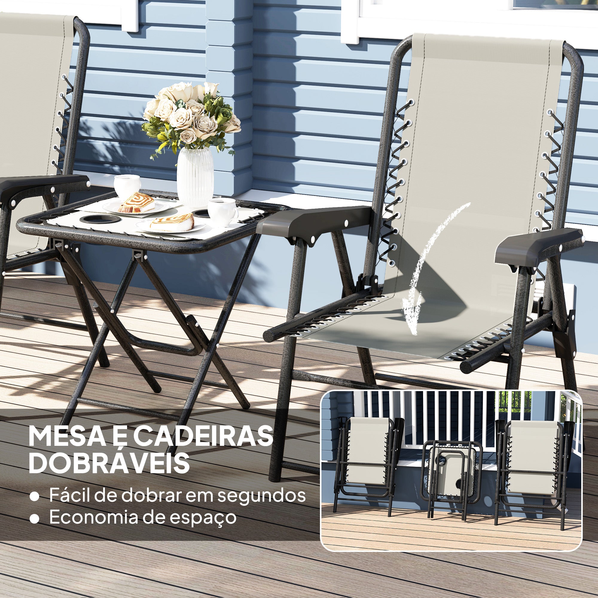 Conjunto de Mesa e Cadeiras de Jardim Creme Branco 61x65x91 cm
