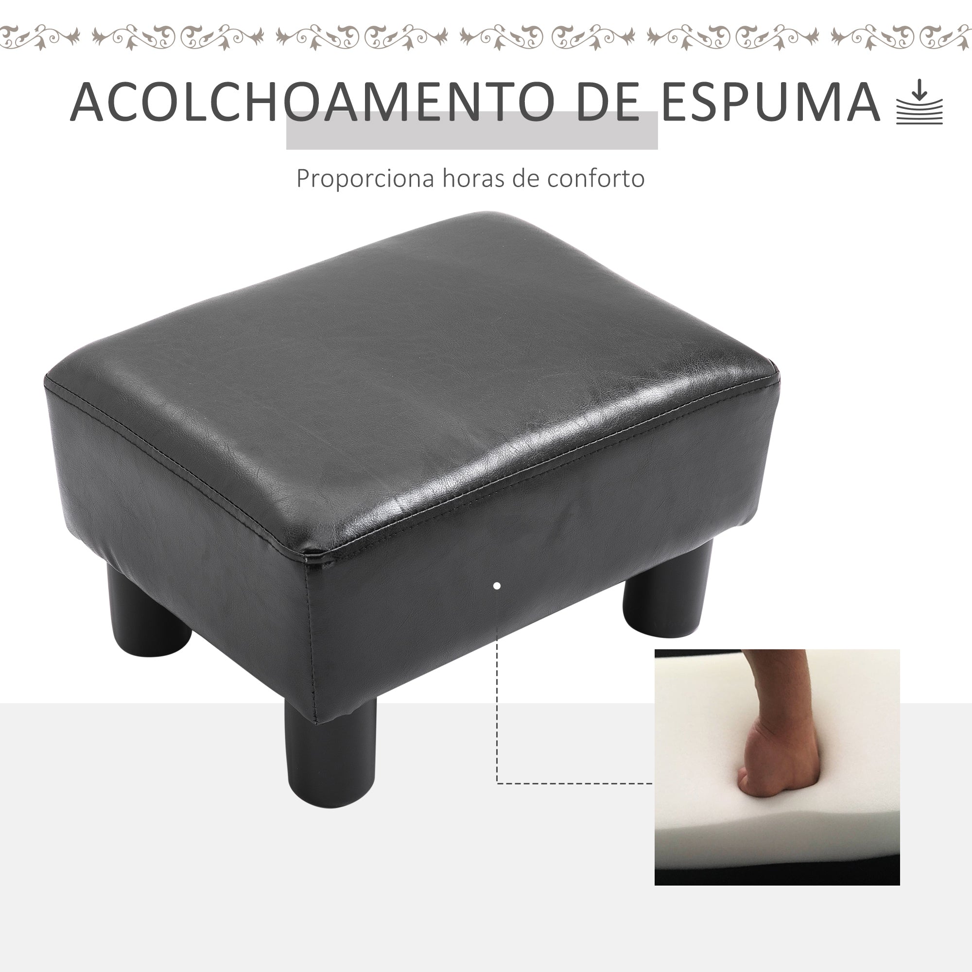 Apoio para os Pés Banco Pequeno Estofado em Pele Sintética 40x30x24 cm - Preto