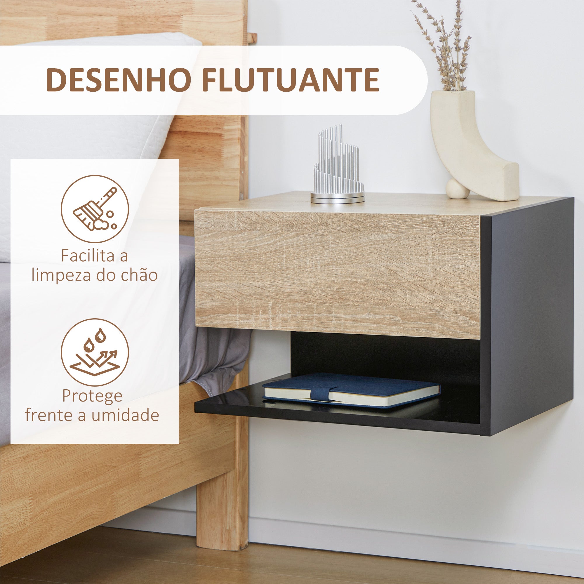 Conjunto de 2 Mesas de Cabeceira Flutuantes com 1 Gaveta e Prateleira Aberta 46x30x30 cm - Preto e Carvalho