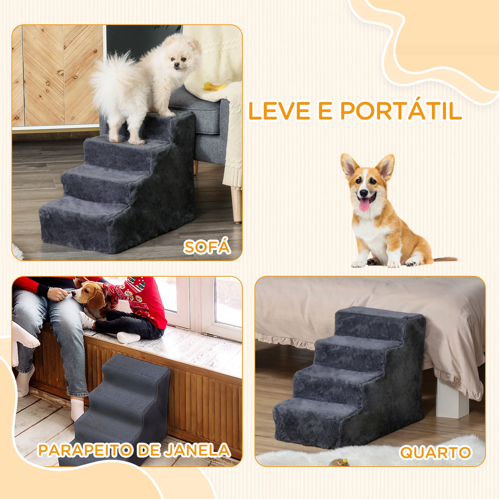 Escada para Animais de Estimação 4 Degraus 60x35x44 cm Cinza Escuro Aglomerado de Madeira