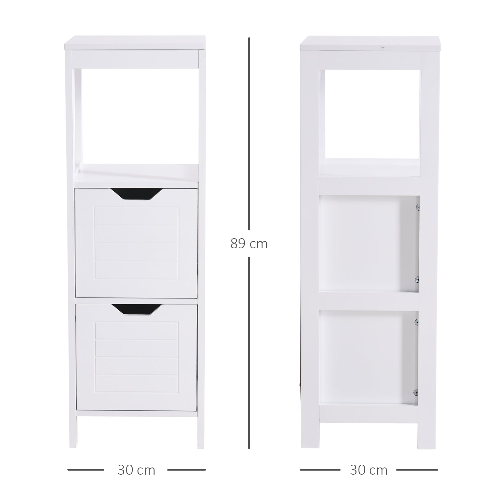 Armário de Banheiro Multifuncional com Prateleira Aberta e 2 Gavetas de Armazenamento - 30x30x89 cm - Branco