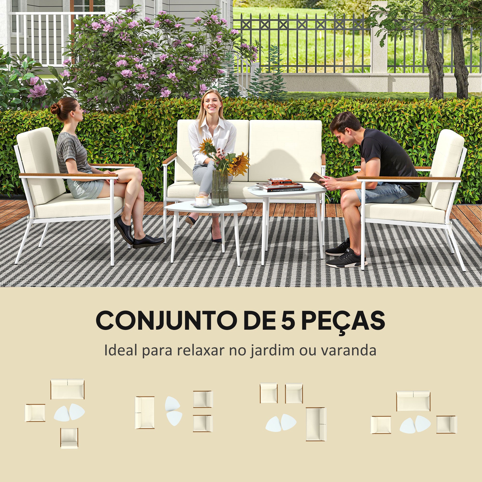 Conjunto de Jardim de 5 Peças - Sofá 2 Lugares, Poltronas, Mesas de Centro - Creme e Branco 118x72x80 cm