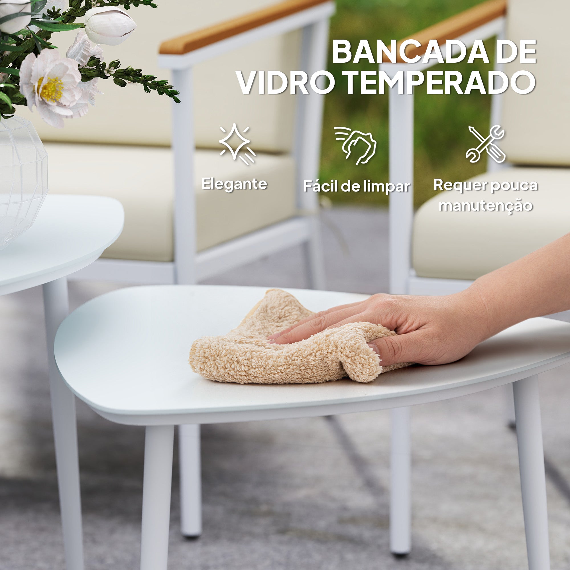 Conjunto de Jardim de 5 Peças - Sofá 2 Lugares, Poltronas, Mesas de Centro - Creme e Branco 118x72x80 cm