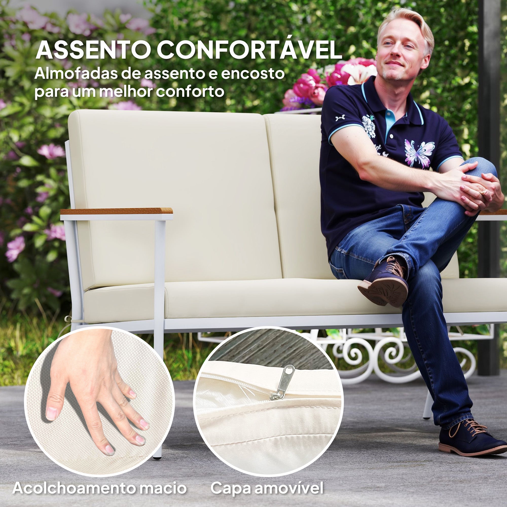 Conjunto de Jardim de 5 Peças - Sofá 2 Lugares, Poltronas, Mesas de Centro - Creme e Branco 118x72x80 cm