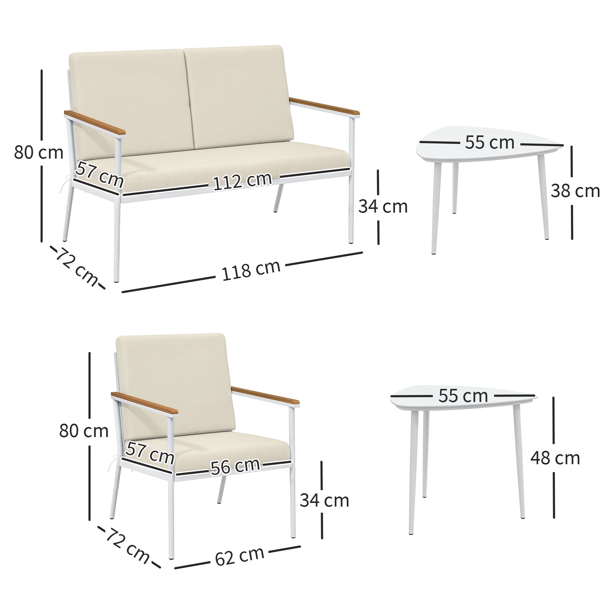 Conjunto de Jardim de 5 Peças - Sofá 2 Lugares, Poltronas, Mesas de Centro - Creme e Branco 118x72x80 cm