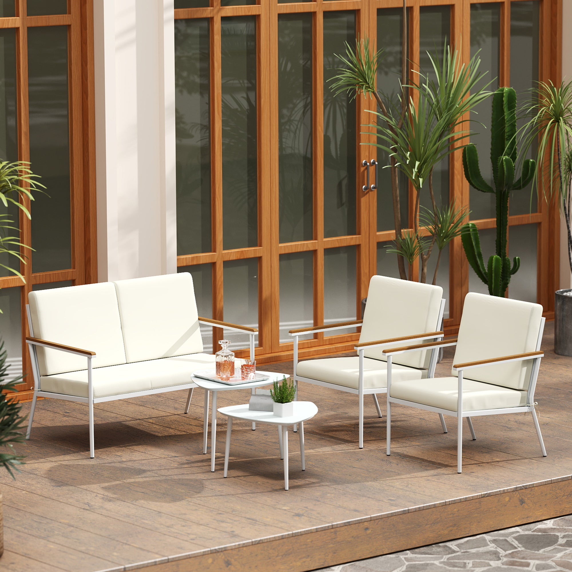 Conjunto de Jardim de 5 Peças - Sofá 2 Lugares, Poltronas, Mesas de Centro - Creme e Branco 118x72x80 cm
