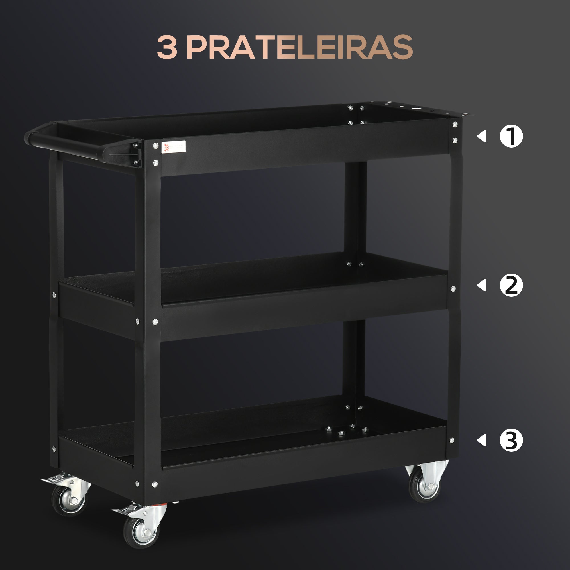 Carrinho de Ferramentas com 3 Prateleiras 83x35,3x76 cm Preto