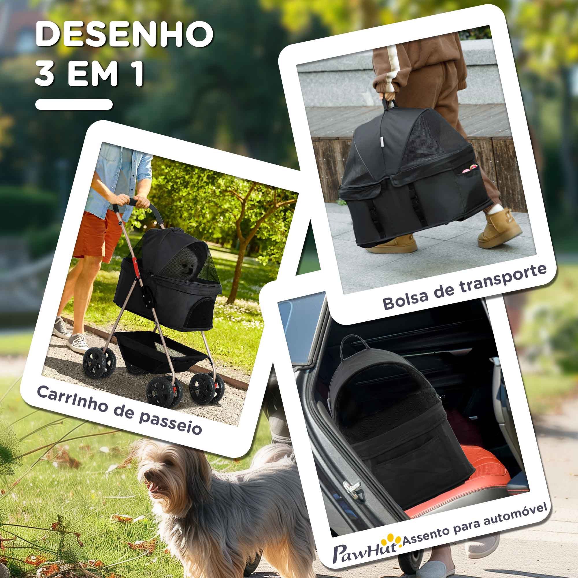 Carrinho para Cães Dobrável 3 em 1 Preto 76x50x102 cm