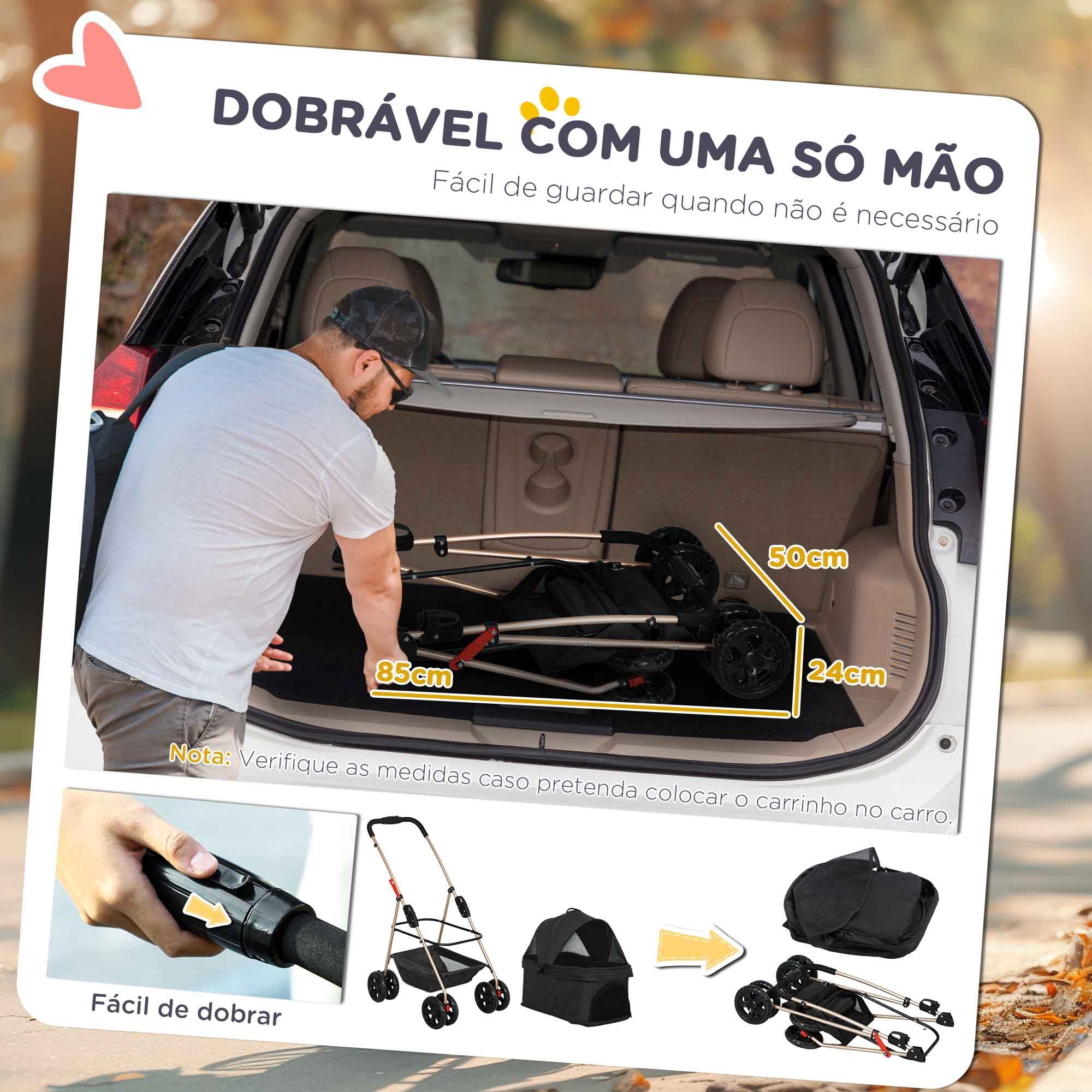 Carrinho para Cães Dobrável 3 em 1 Preto 76x50x102 cm