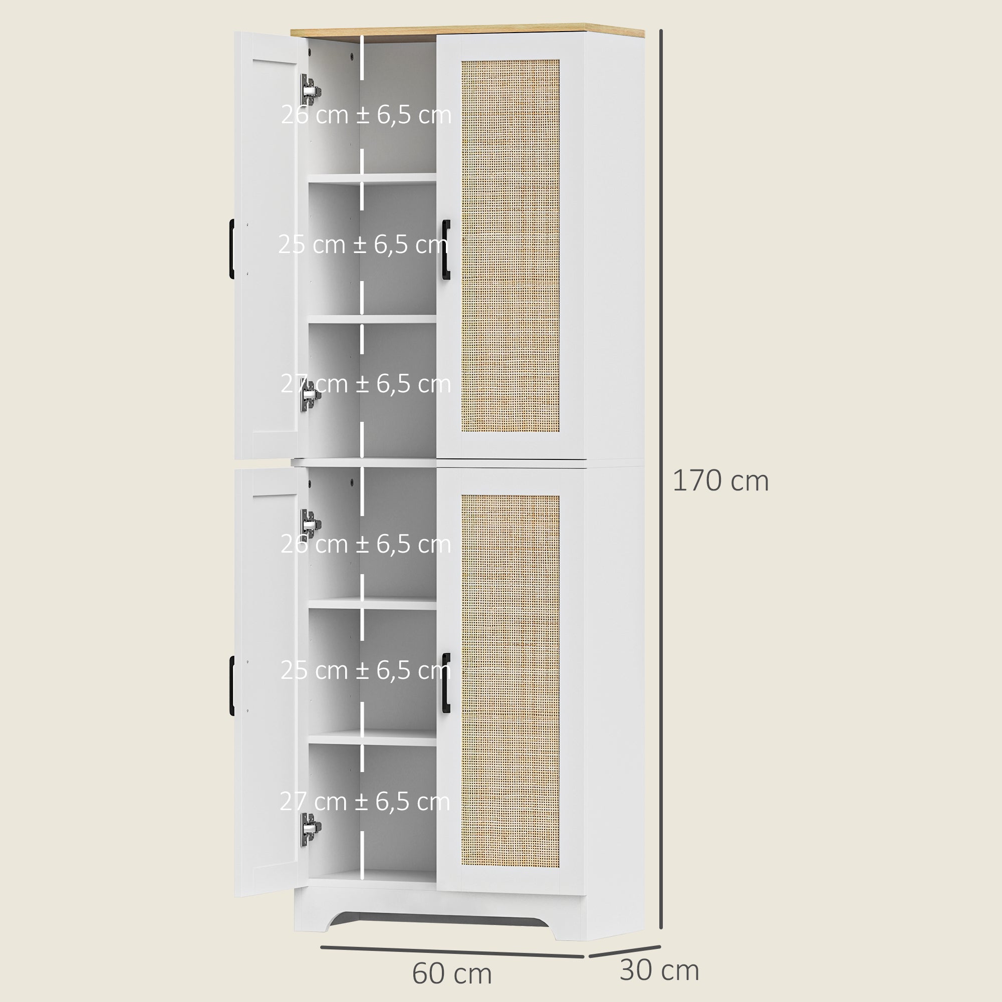 Armário de Cozinha Alto com Prateleiras Ajustáveis – 60x30x170 cm – Branco – Melamina de madeira e vime