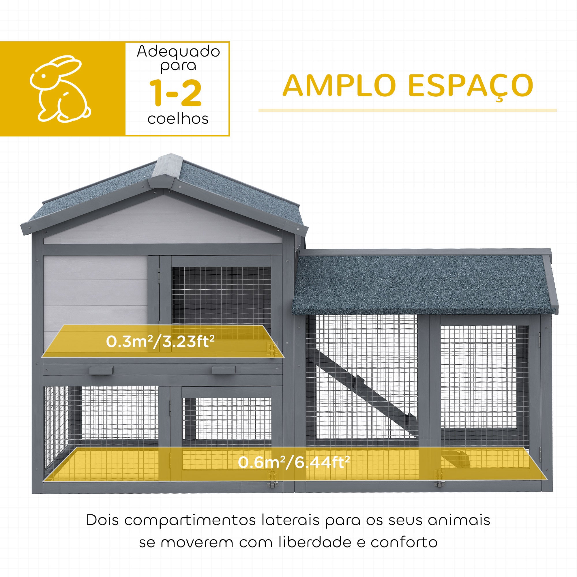 Casa para Coelhos de Madeira com Bandeja Removível 147x54x84cm - Cinzento