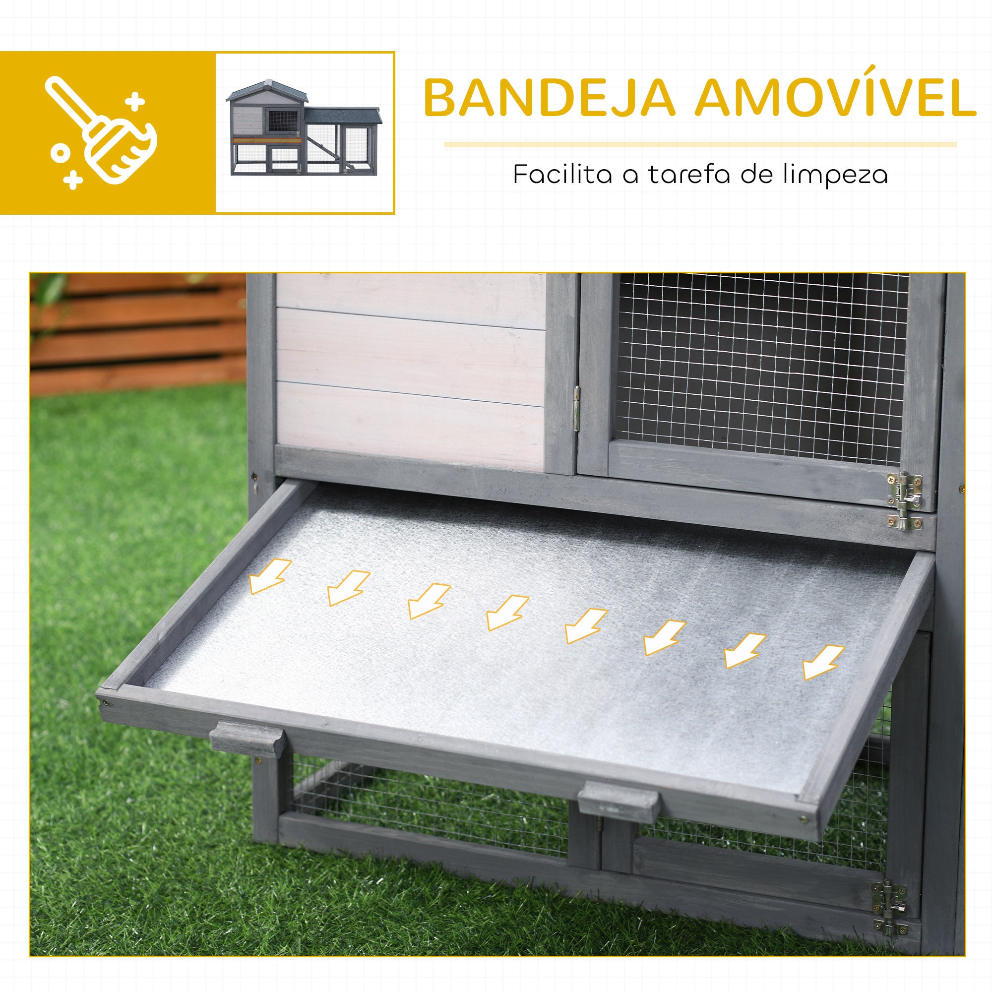 Casa para Coelhos de Madeira com Bandeja Removível 147x54x84cm - Cinzento