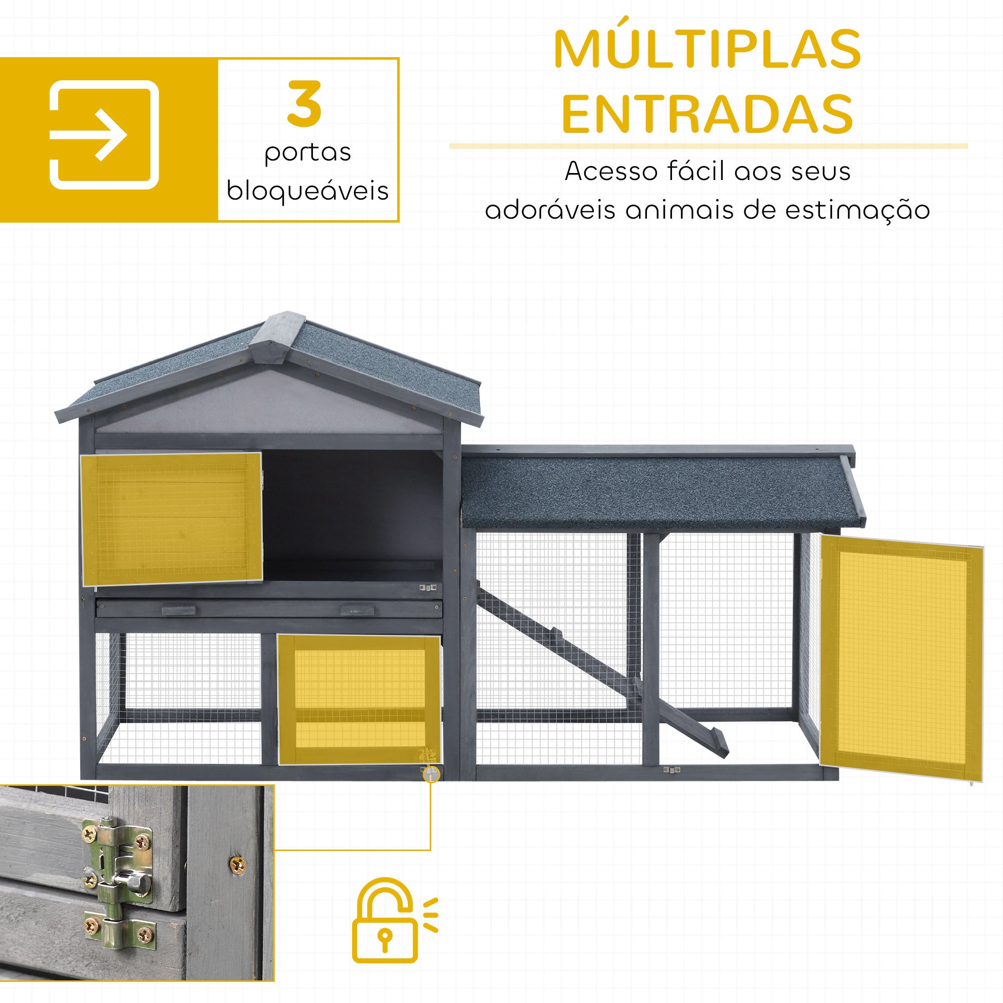 Casa para Coelhos de Madeira com Bandeja Removível 147x54x84cm - Cinzento