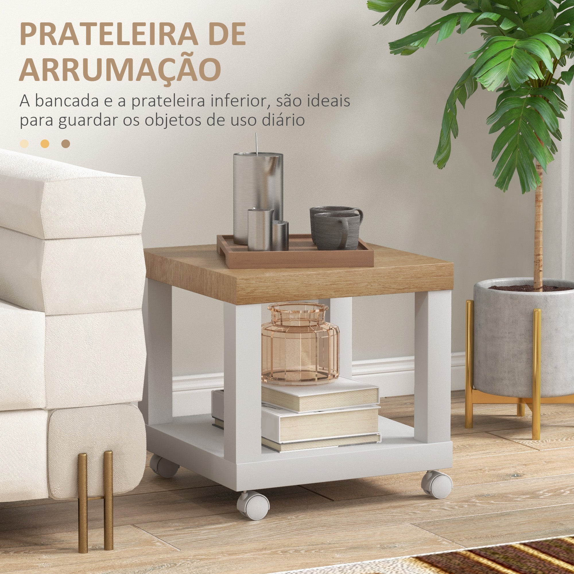 Mesa Auxiliar com Rodas – 40x40x40 cm – Branco e Madeira