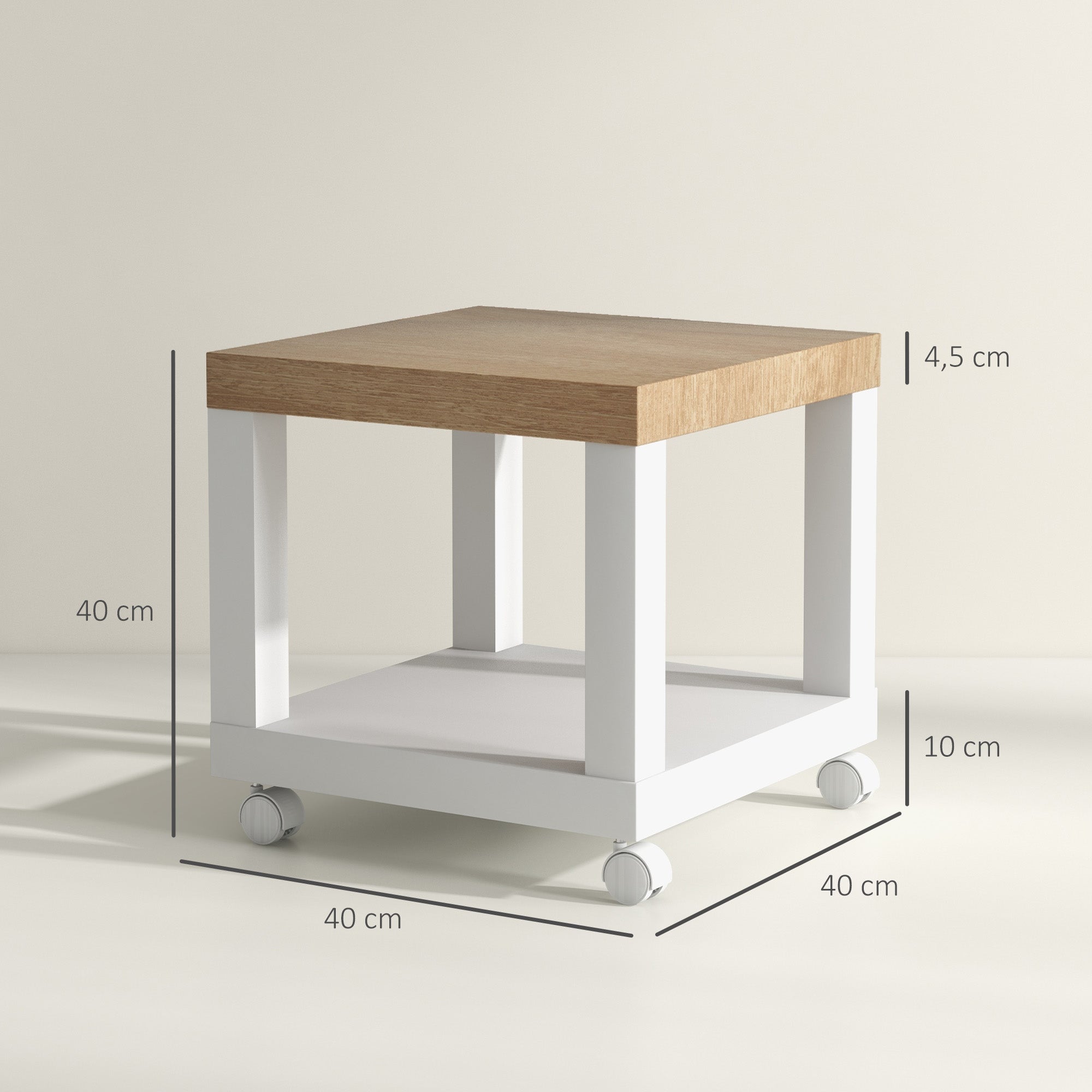 Mesa Auxiliar com Rodas – 40x40x40 cm – Branco e Madeira