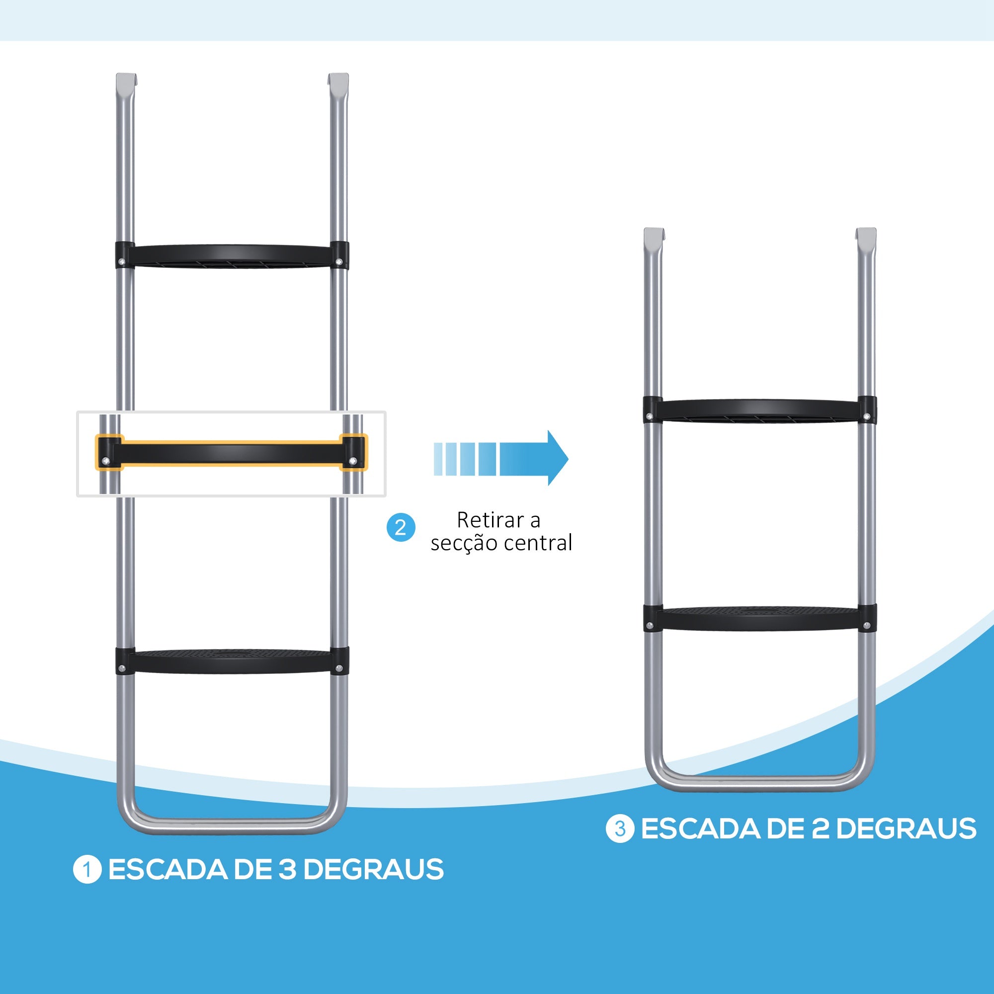 Escada para Trampolim de Aço Prata 110x32 cm - 2 ou 3 Degraus