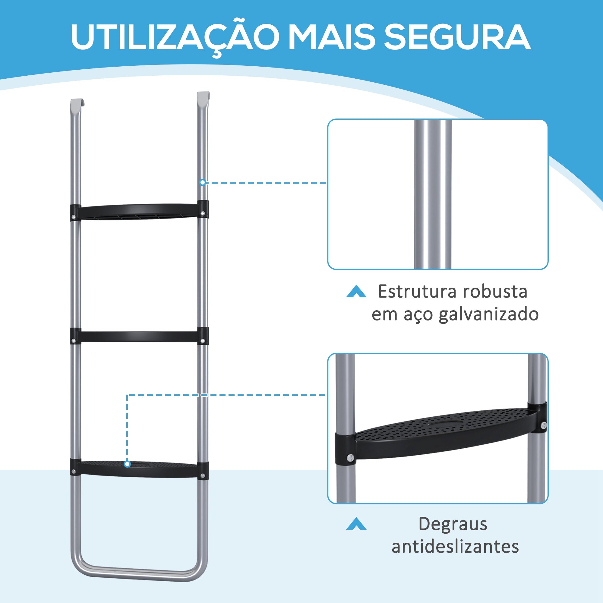 Escada para Trampolim de Aço Prata 110x32 cm - 2 ou 3 Degraus