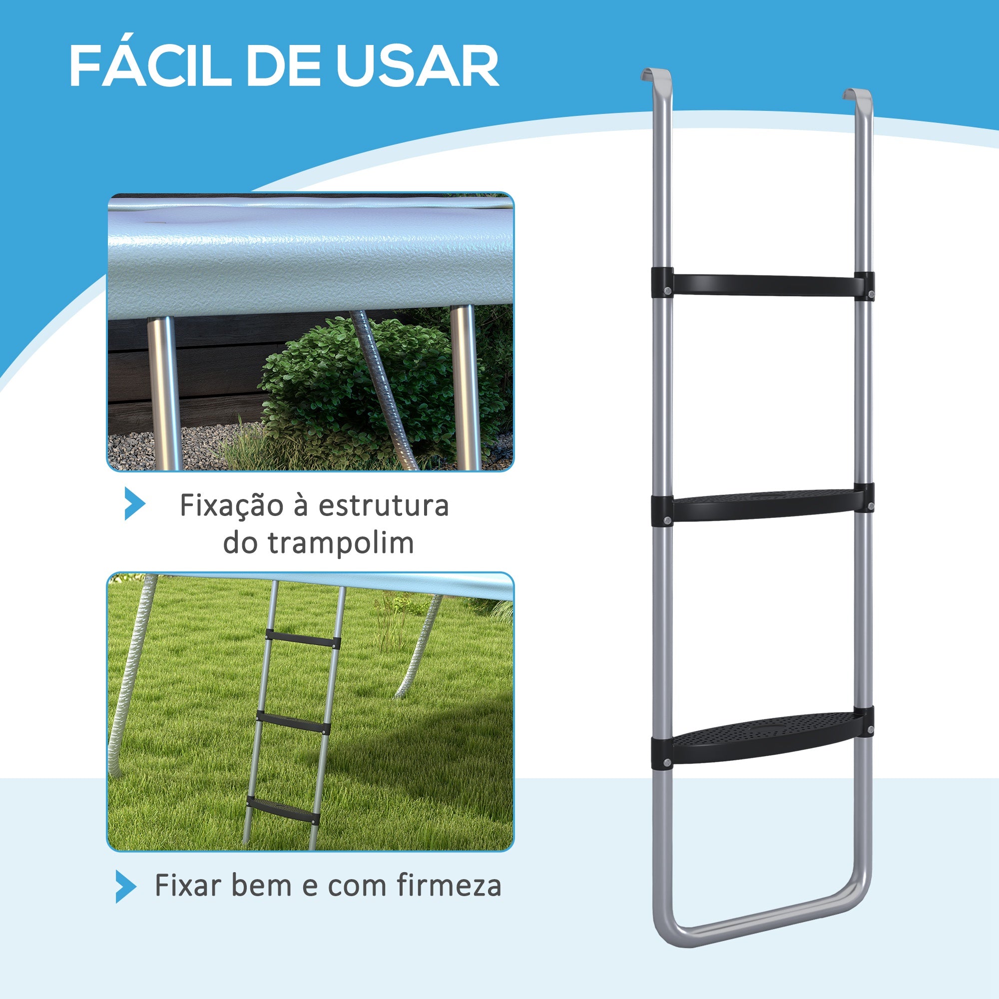 Escada para Trampolim de Aço Prata 110x32 cm - 2 ou 3 Degraus
