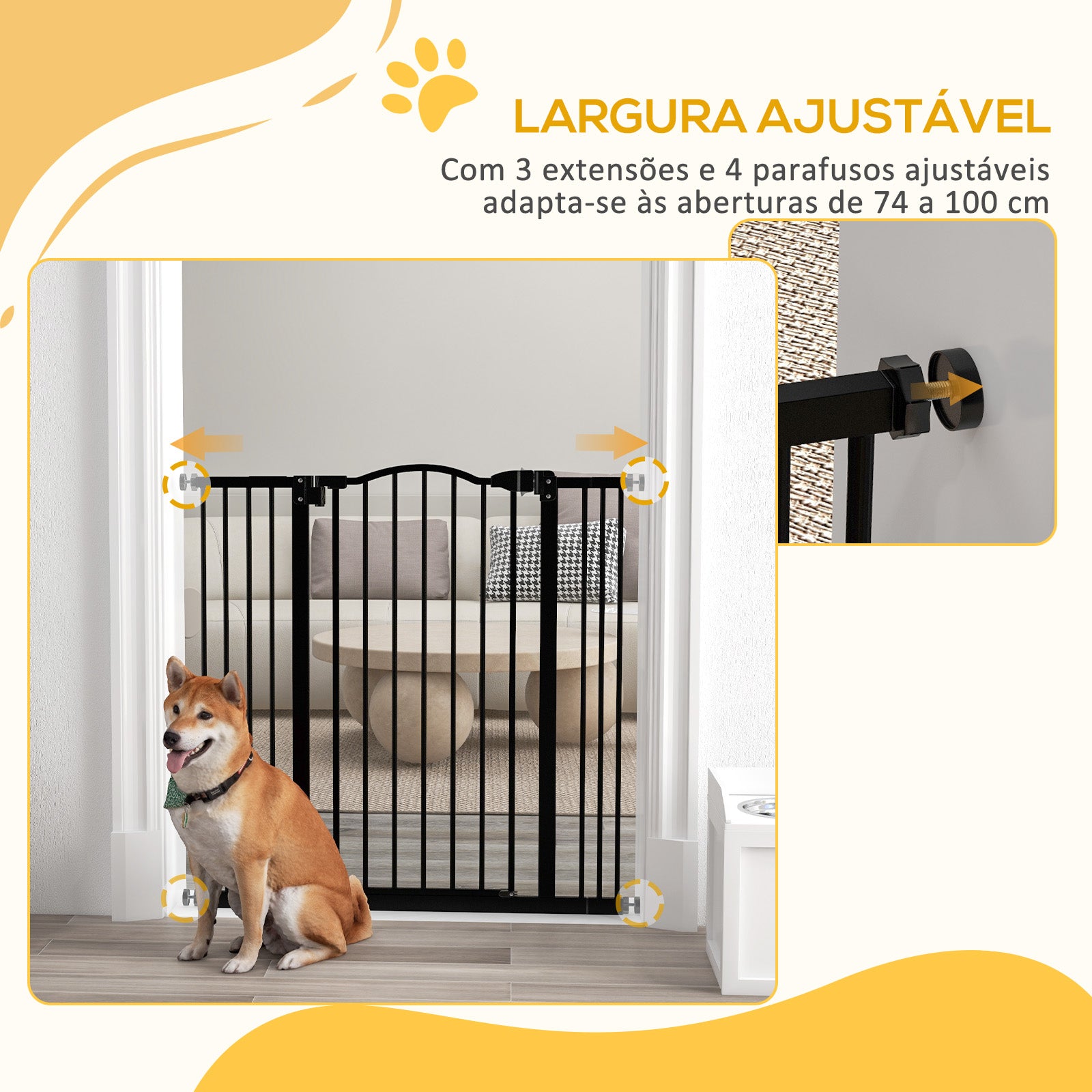 Barreira de Segurança para Cães – 74-100 cm – Preto – Metal e Plástico
