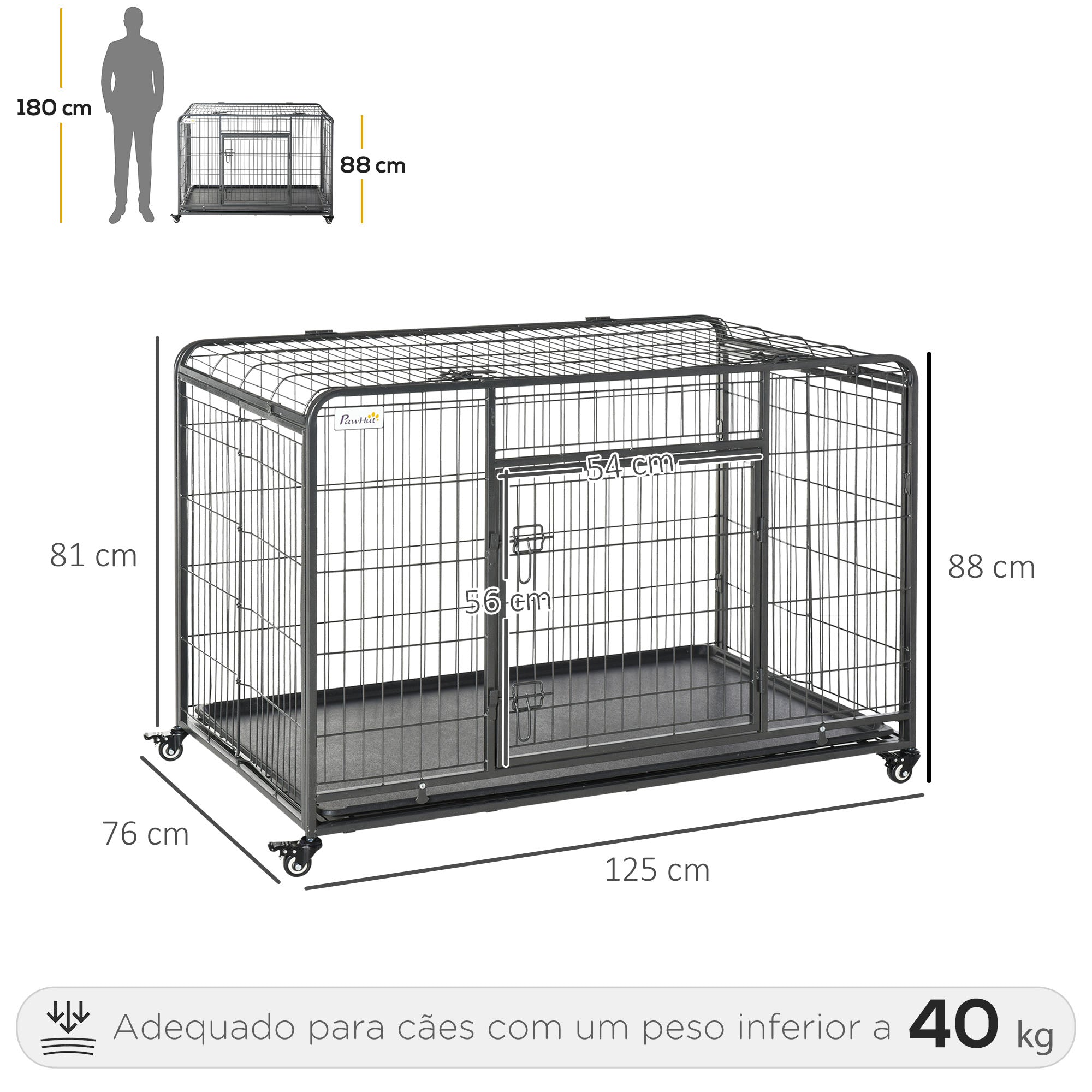 Gaiola Dobrável de Metal com Rodas e Freios 125x76x81 cm - Cinza Escuro