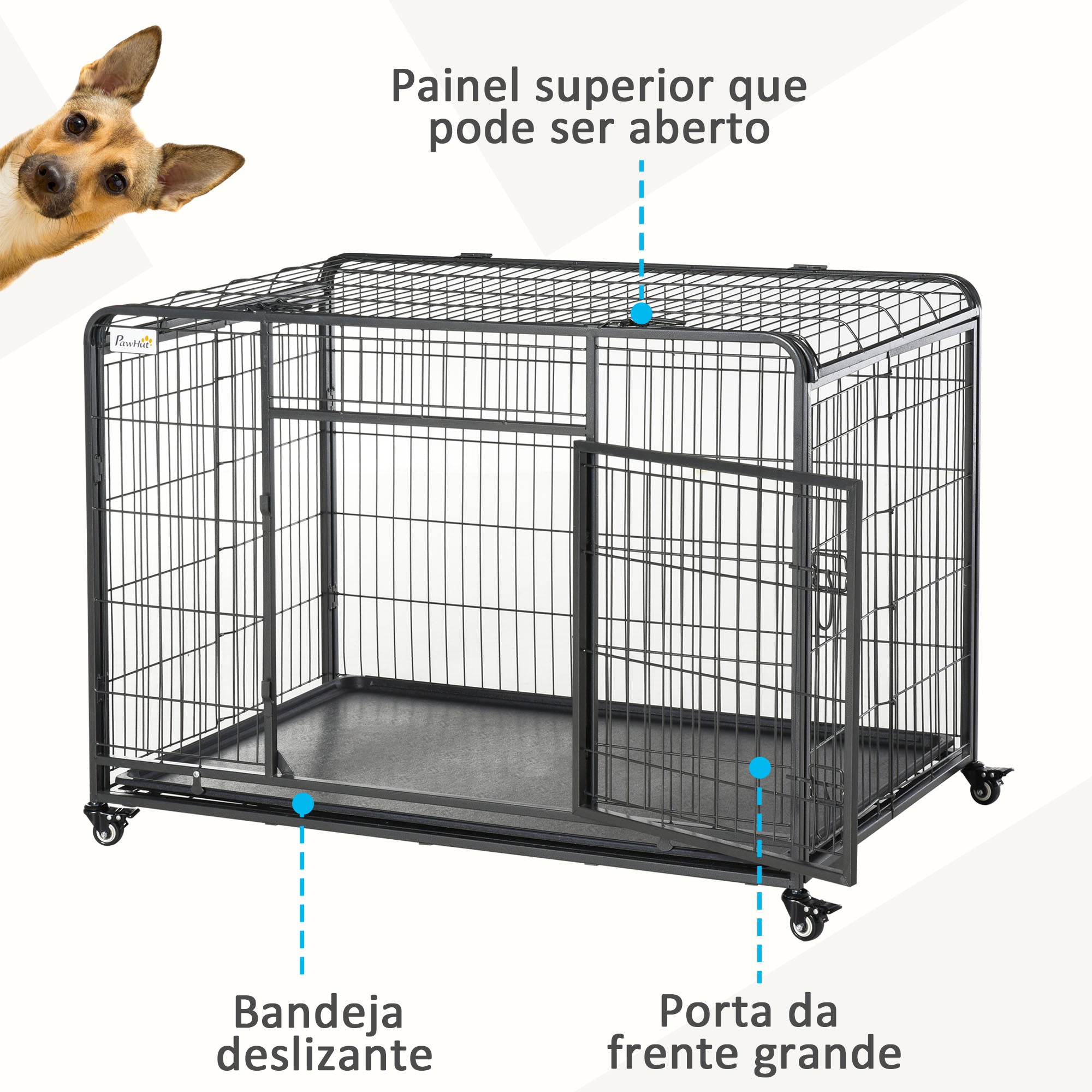 Gaiola Dobrável de Metal com Rodas e Freios 125x76x81 cm - Cinza Escuro
